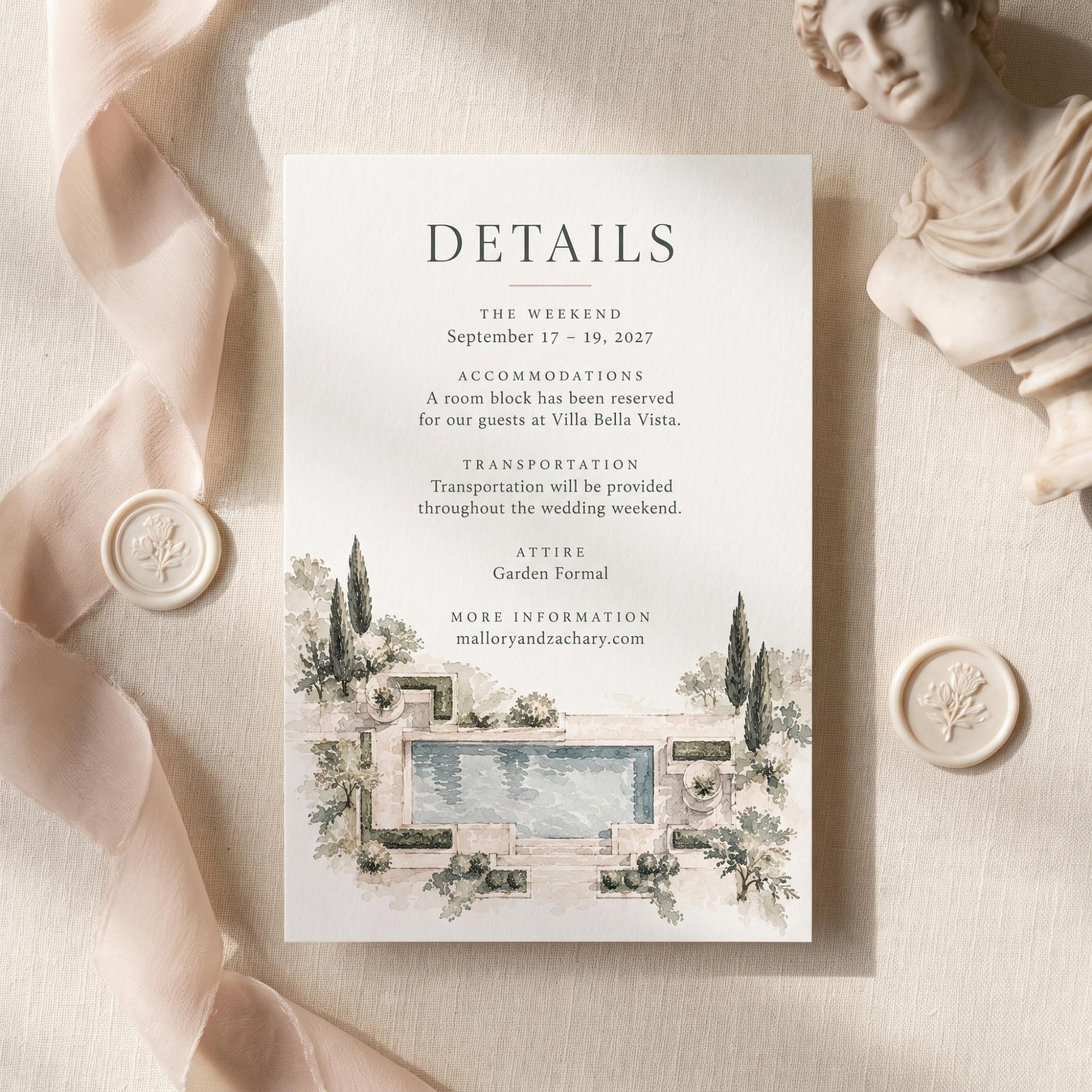 Wedding Invitation Suite, Sculpture Inspired, Event Satationery, Blue Watercolor, Olive Branches, Classical Architecture, view 4
