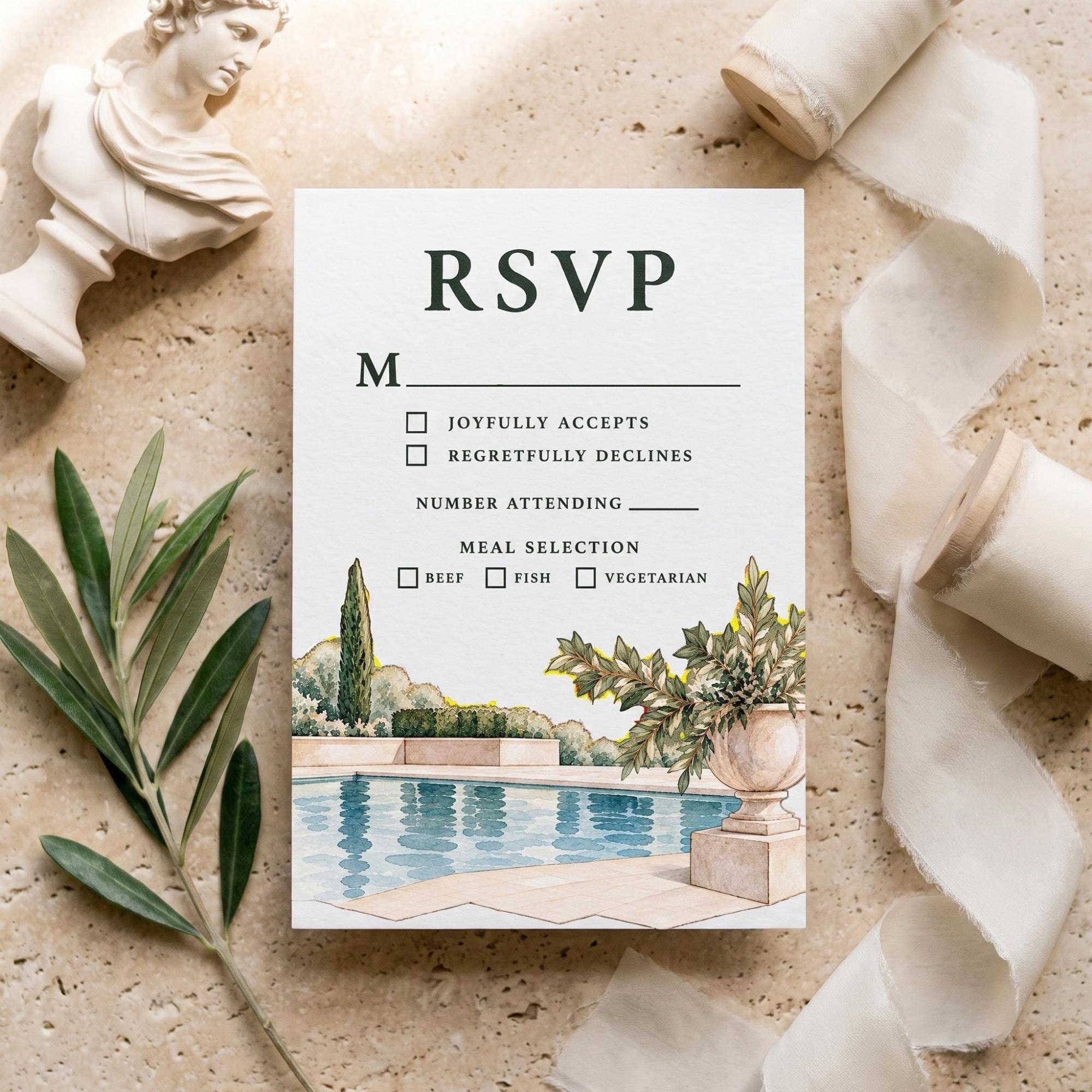 Wedding Invitation Suite, Sculpture Inspired, Event Satationery, Blue Watercolor, Olive Branches, Classical Architecture, view 5