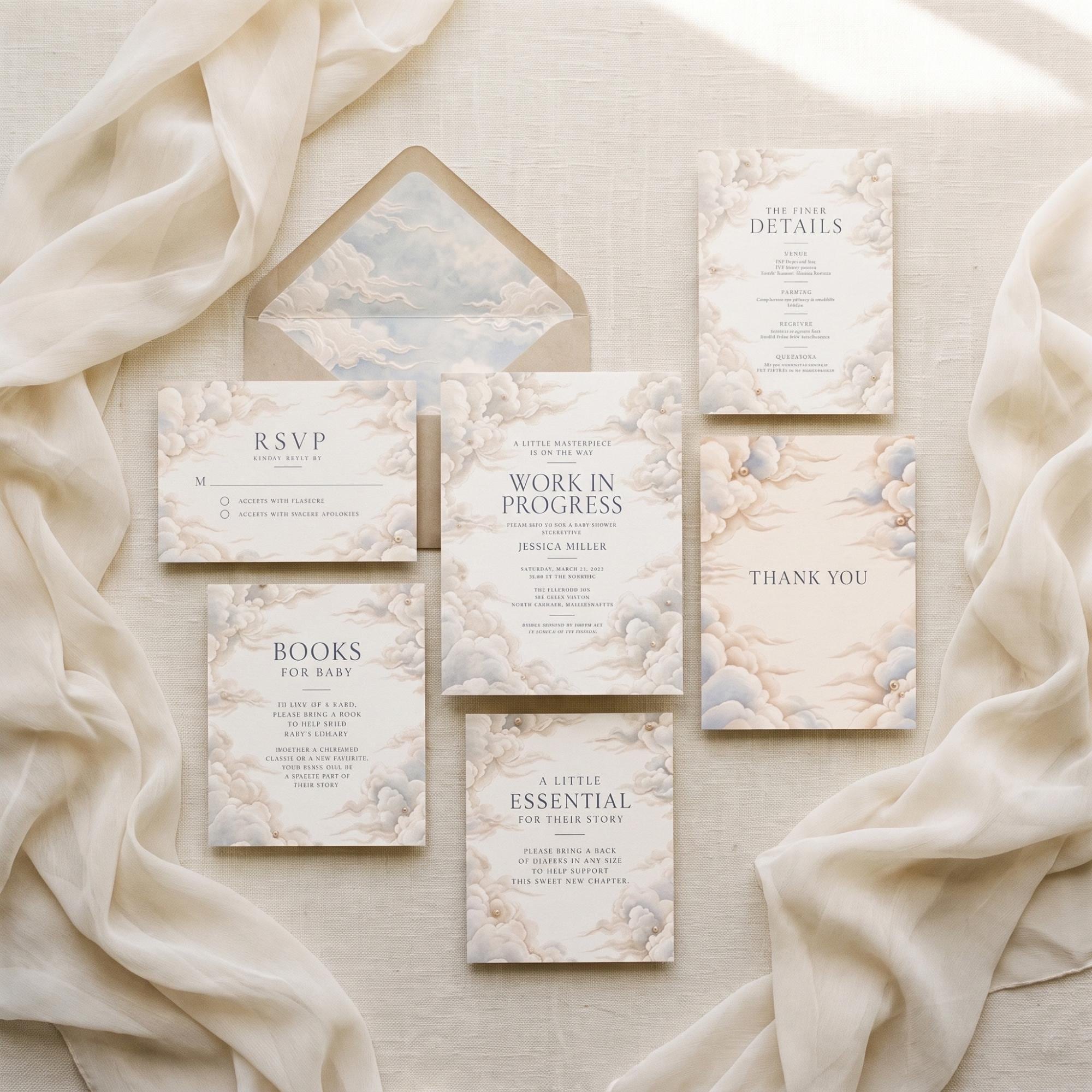 Cloud Baby Shower Invitation Bundle: PRINTED, pearl embellishment, wax seals+ hand-lettering + stamps optional