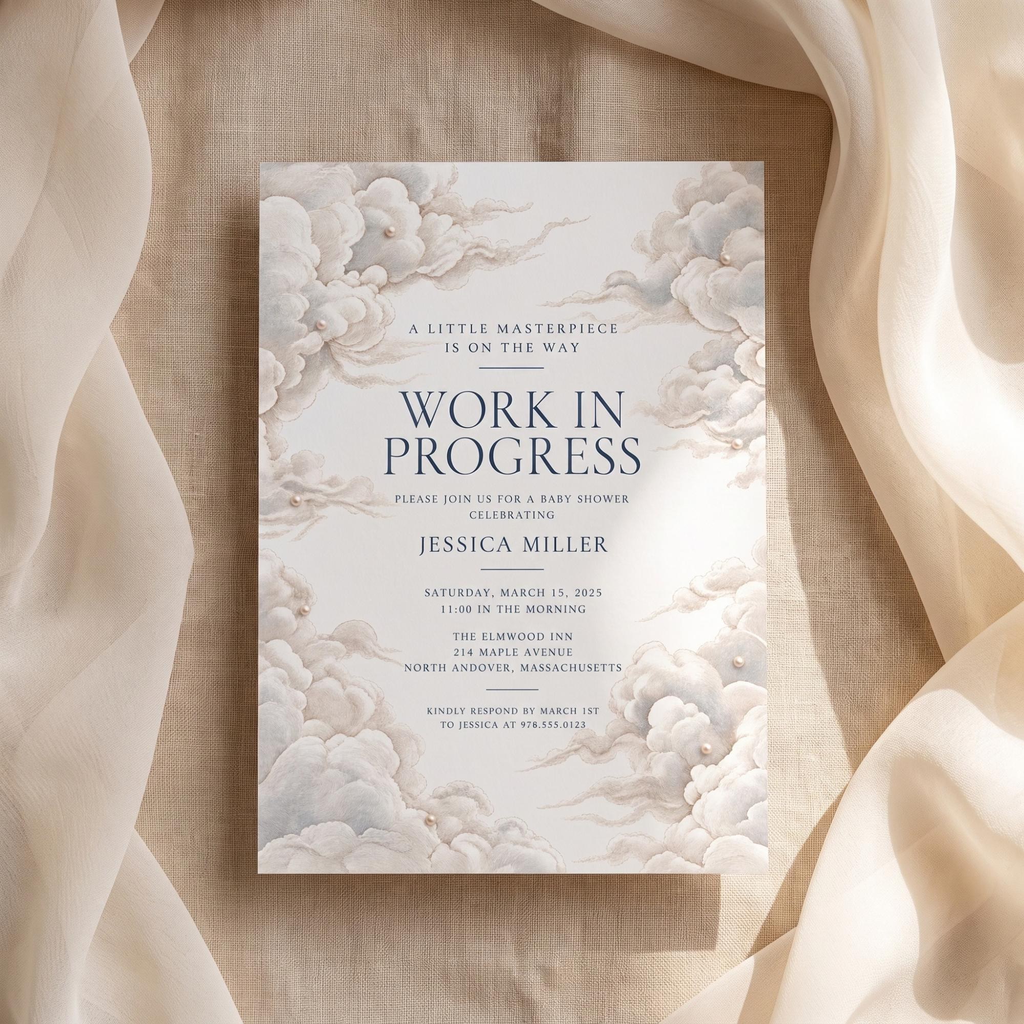 Cloud Baby Shower Invitation Bundle: PRINTED, pearl embellishment, wax seals+ hand-lettering + stamps optional, view 2