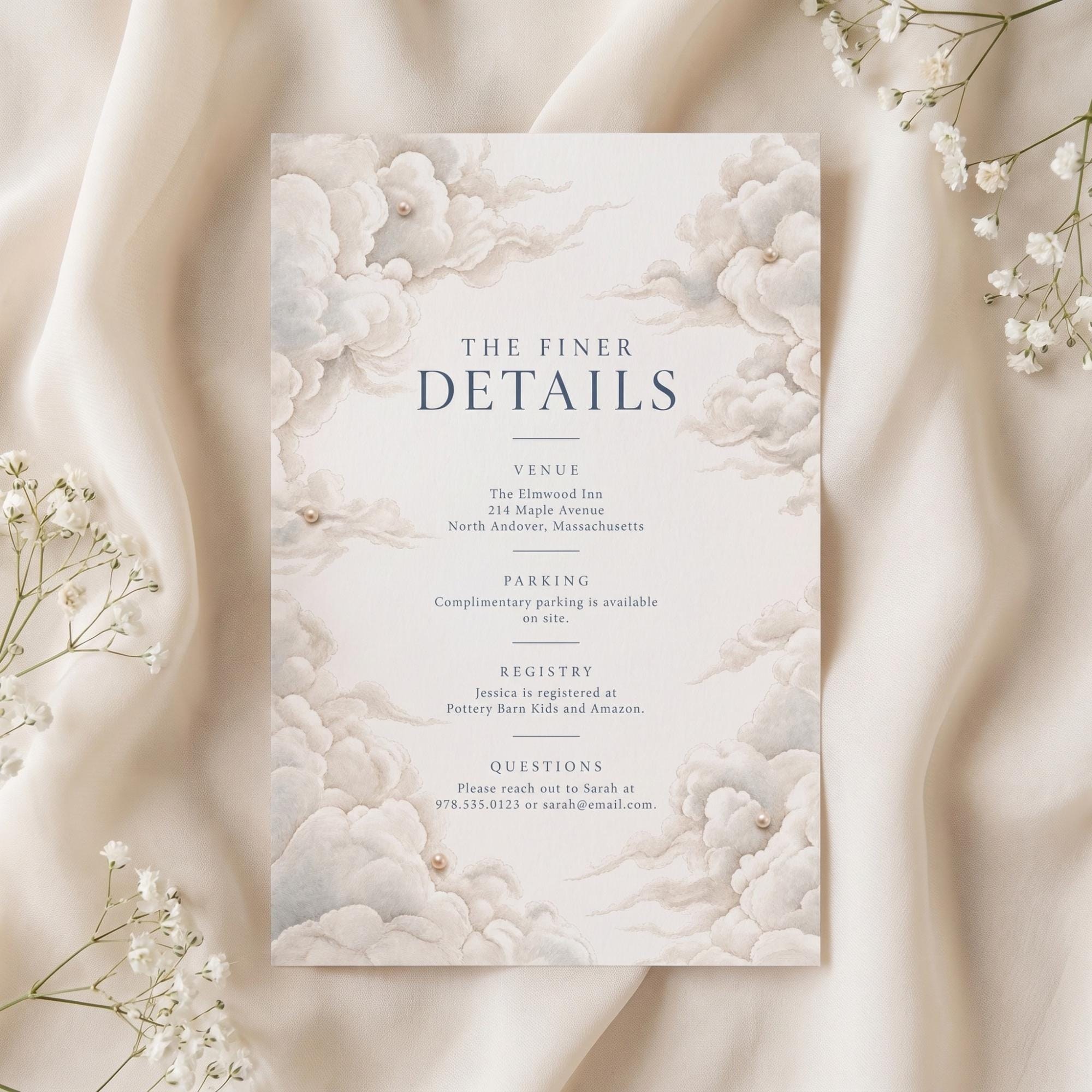 Cloud Baby Shower Invitation Bundle: PRINTED, pearl embellishment, wax seals+ hand-lettering + stamps optional, view 3