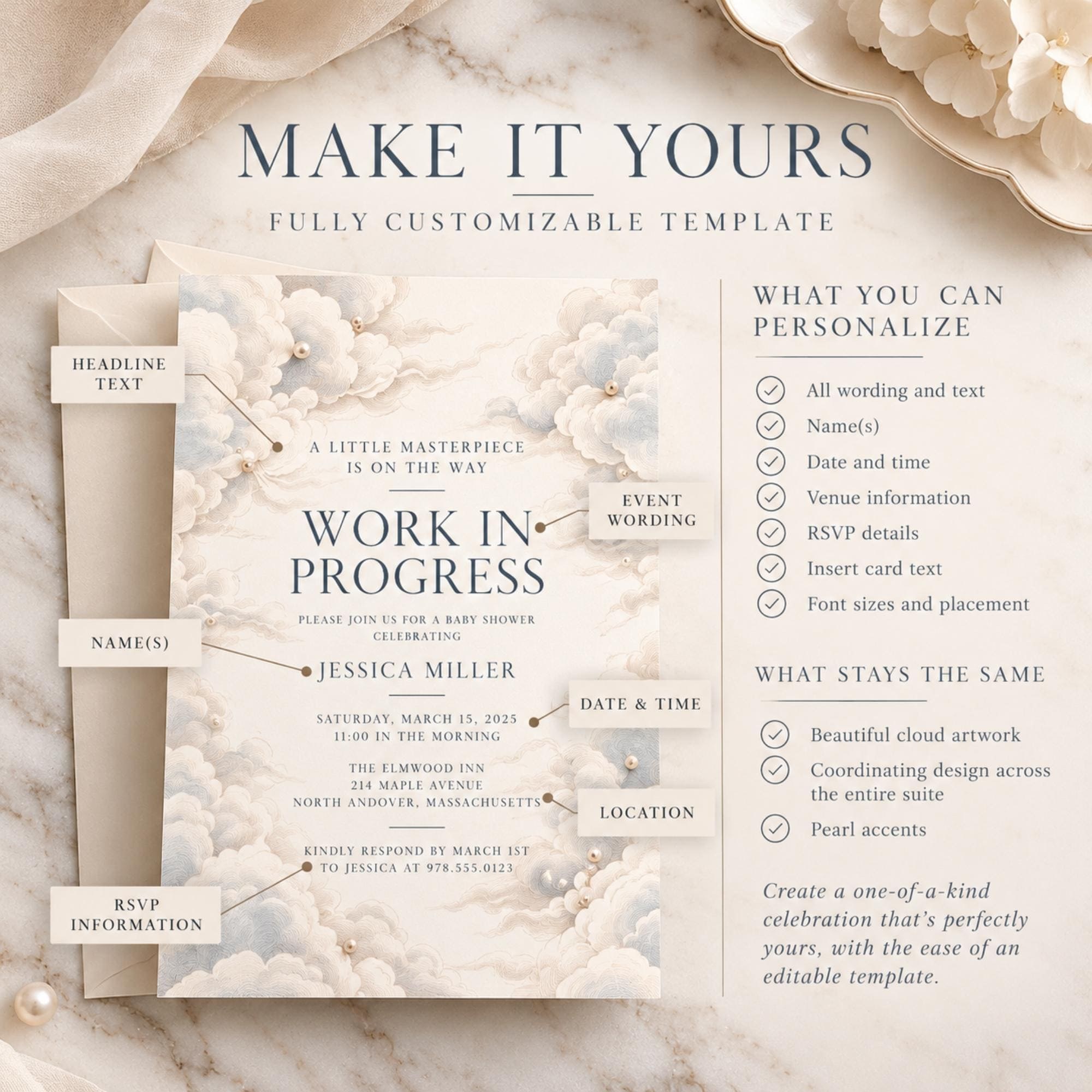 Cloud Baby Shower Invitation Bundle: PRINTED, pearl embellishment, wax seals+ hand-lettering + stamps optional, view 9