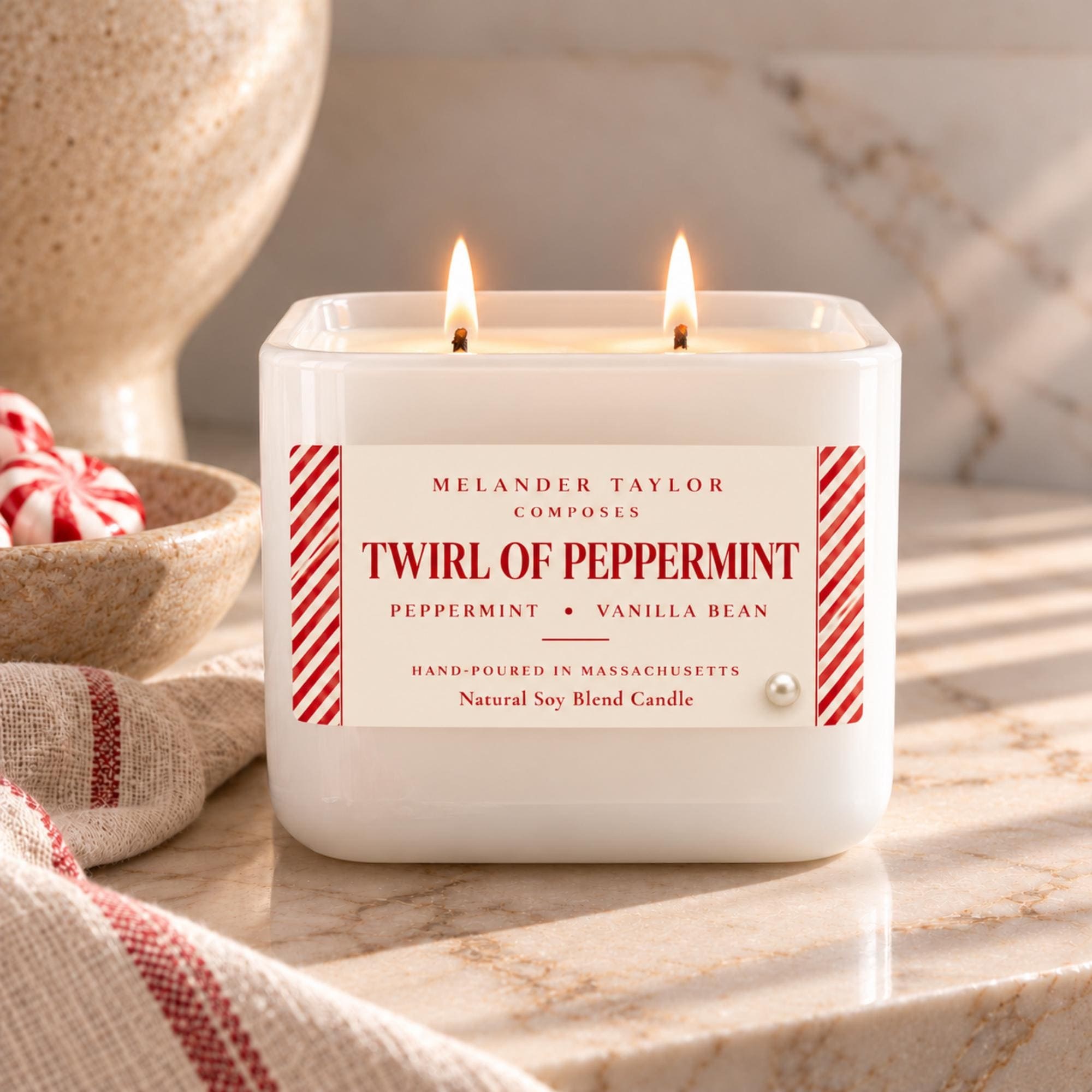 Peppermint Candle, 16 oz Soy Blend, Double Wick Christmas Candle, Peppermint Vanilla Scent