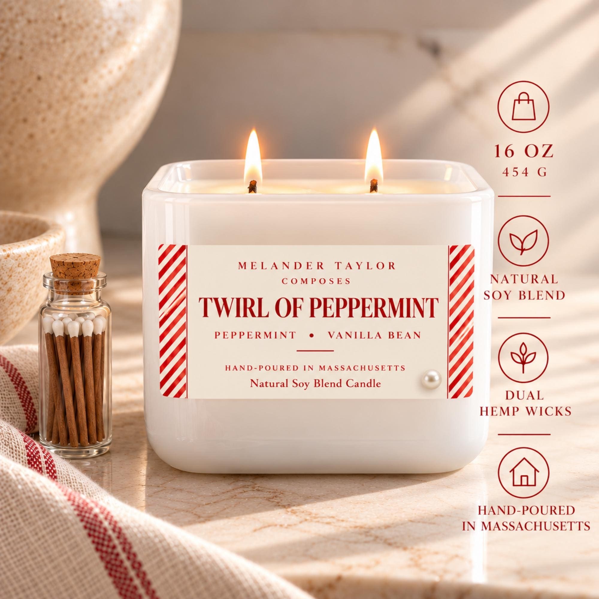 Peppermint Candle, 16 oz Soy Blend, Double Wick Christmas Candle, Peppermint Vanilla Scent, view 3