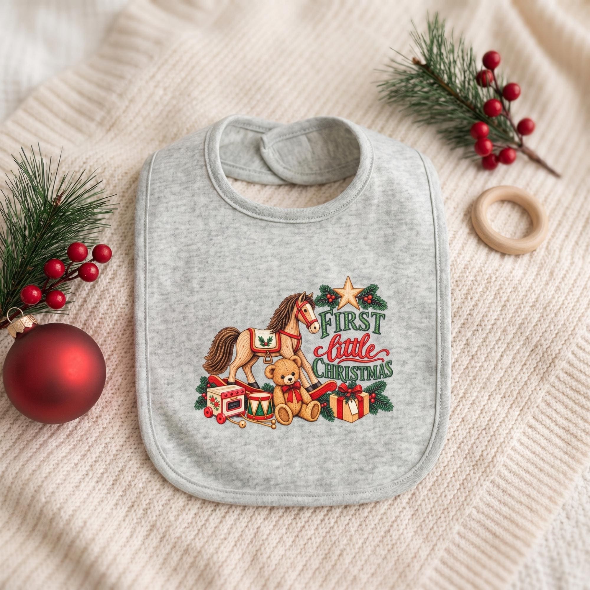 Baby's First Christmas Bib with Toy Print, Velcro Closure, Grey or Green Heather, view 2