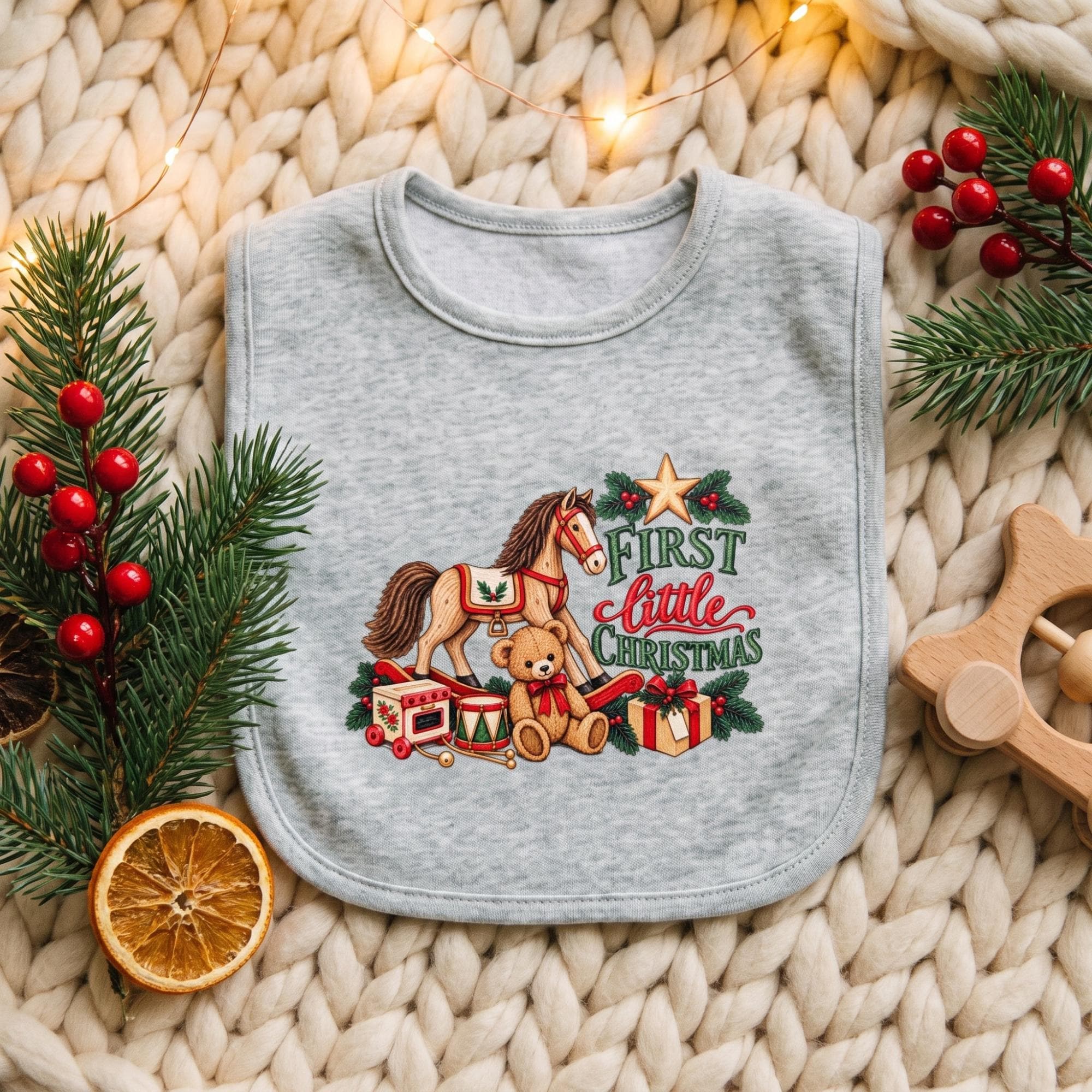 Baby's First Christmas Bib with Toy Print, Velcro Closure, Grey or Green Heather, view 4