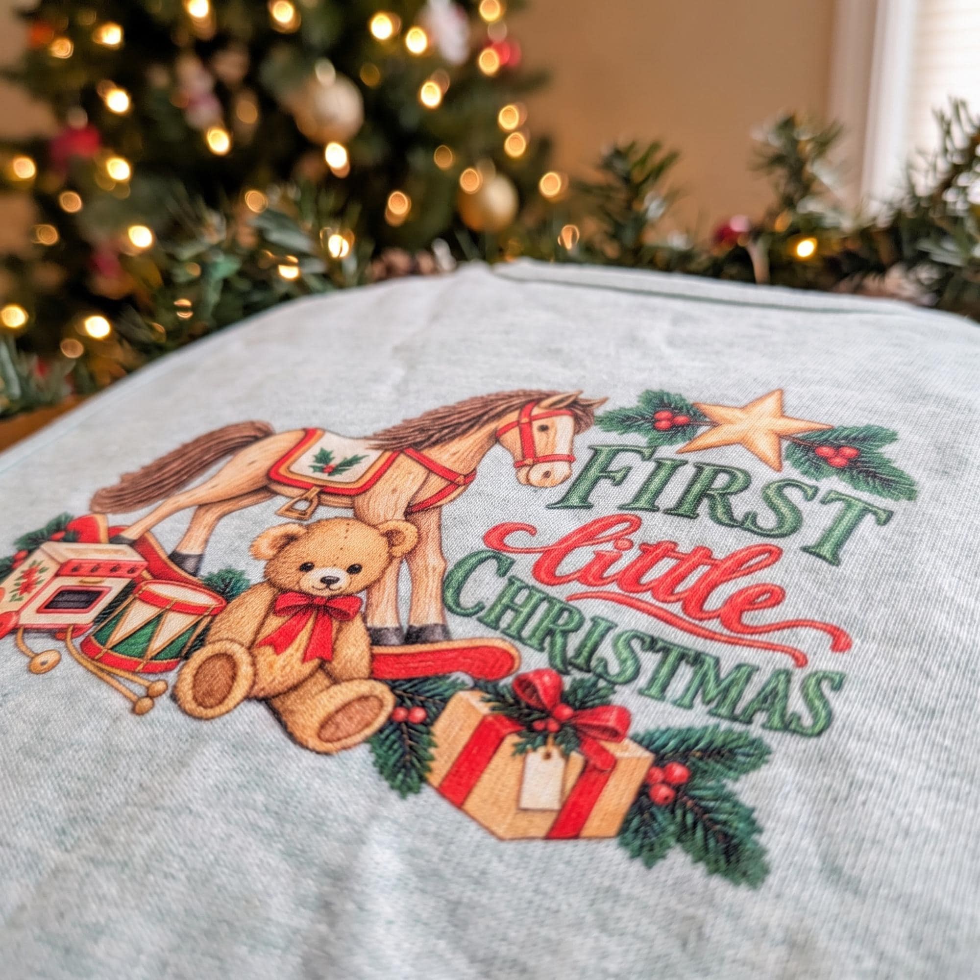 Baby's First Christmas Bib with Toy Print, Velcro Closure, Grey or Green Heather, view 5