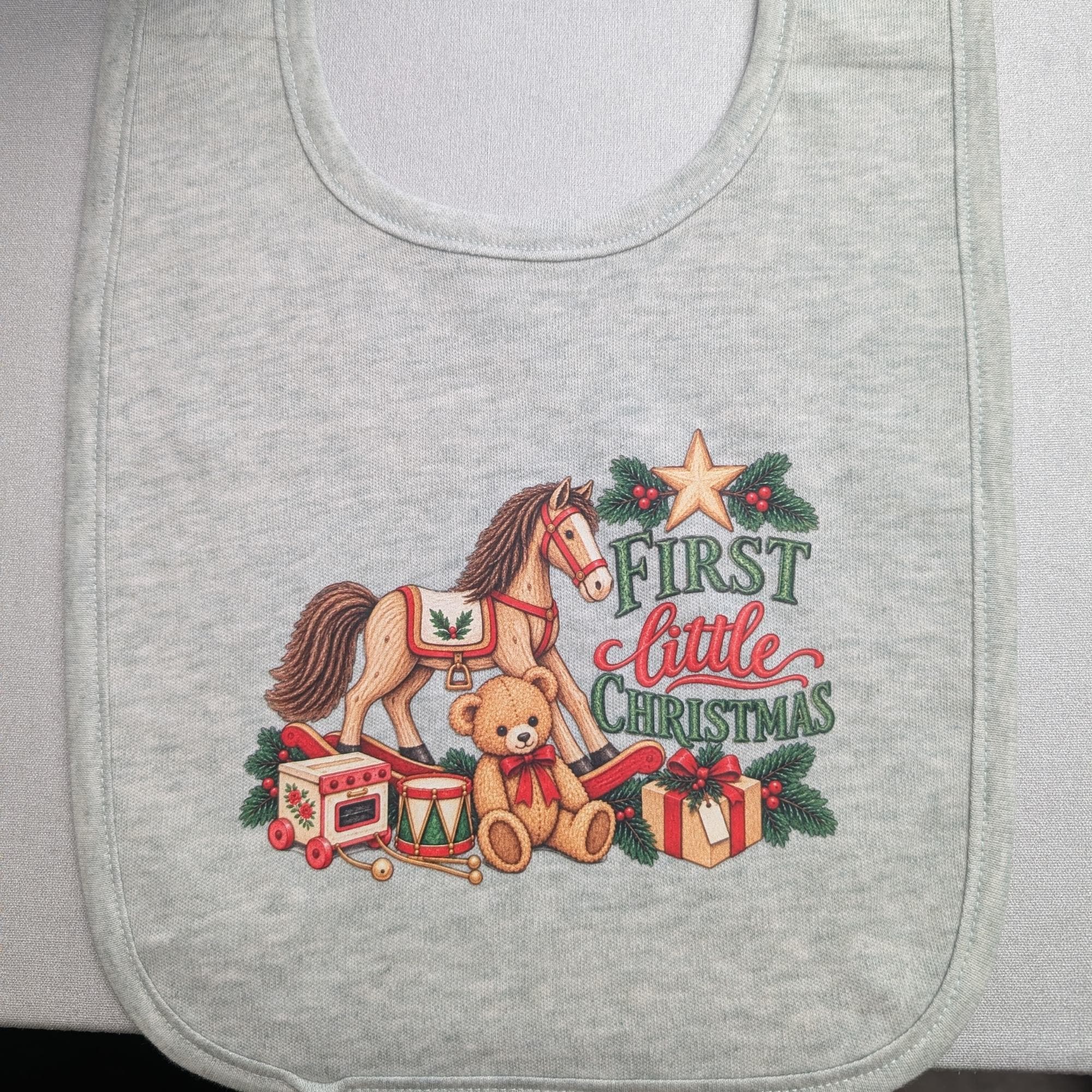 Baby's First Christmas Bib with Toy Print, Velcro Closure, Grey or Green Heather, view 6