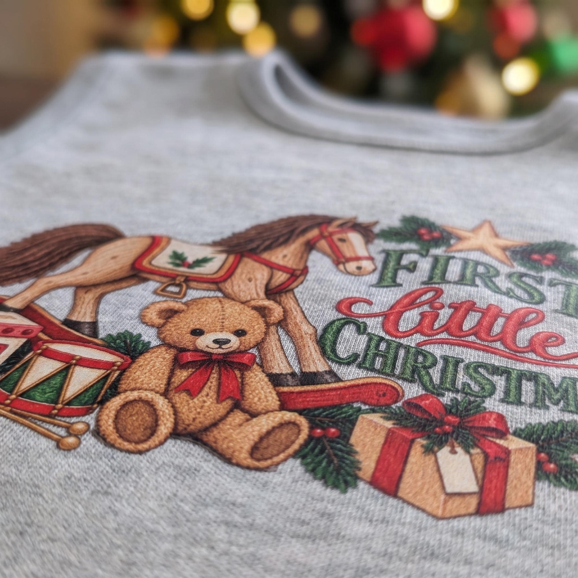Baby's First Christmas Bib with Toy Print, Velcro Closure, Grey or Green Heather, view 7