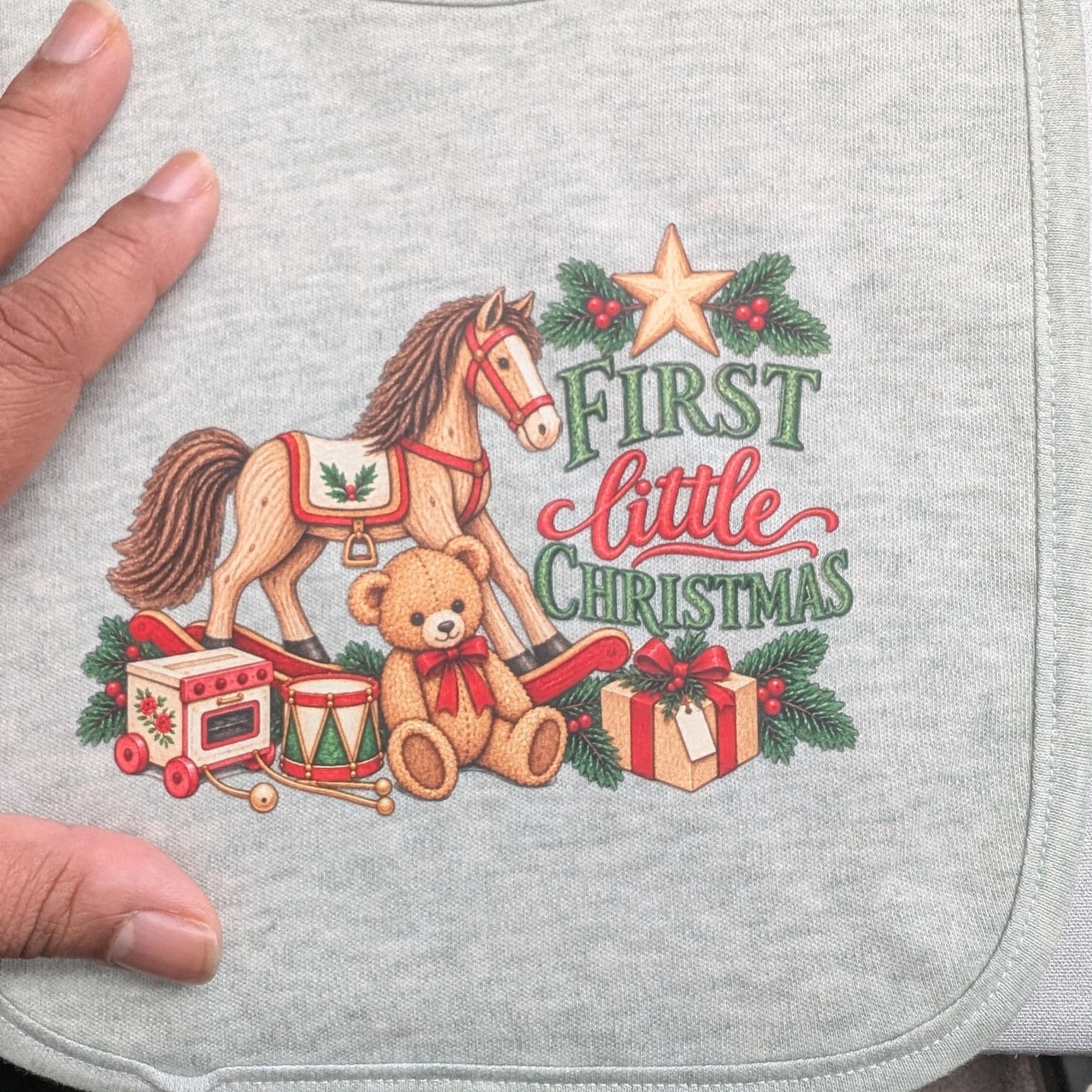 Baby's First Christmas Bib with Toy Print, Velcro Closure, Grey or Green Heather, view 8