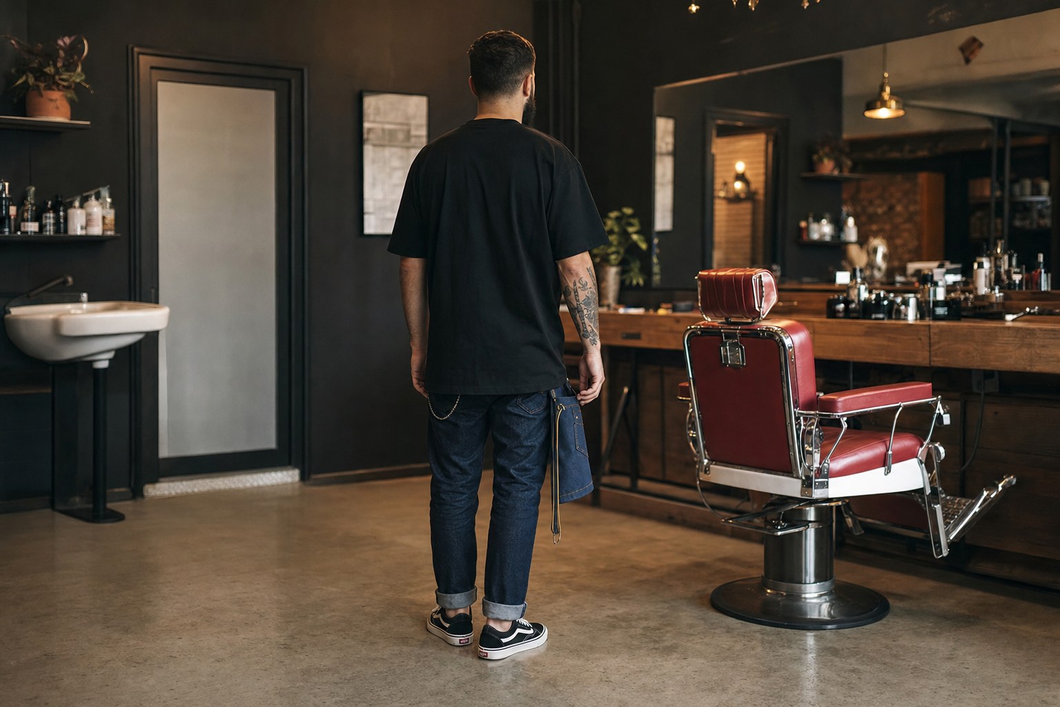 Barber in a black shirt standing beside a red barber chair