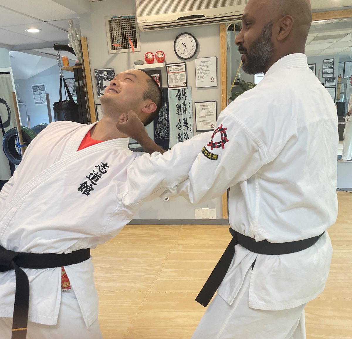 Daniel practicing a controlled karate partner technique inside the dojo