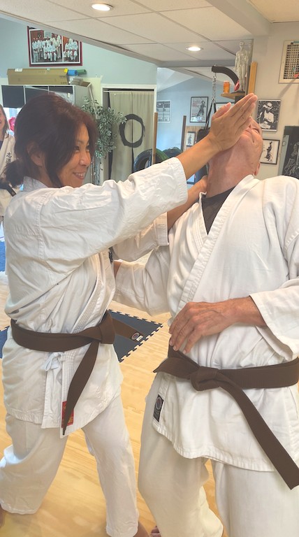Two adults practicing an Okinawan karate partner drill