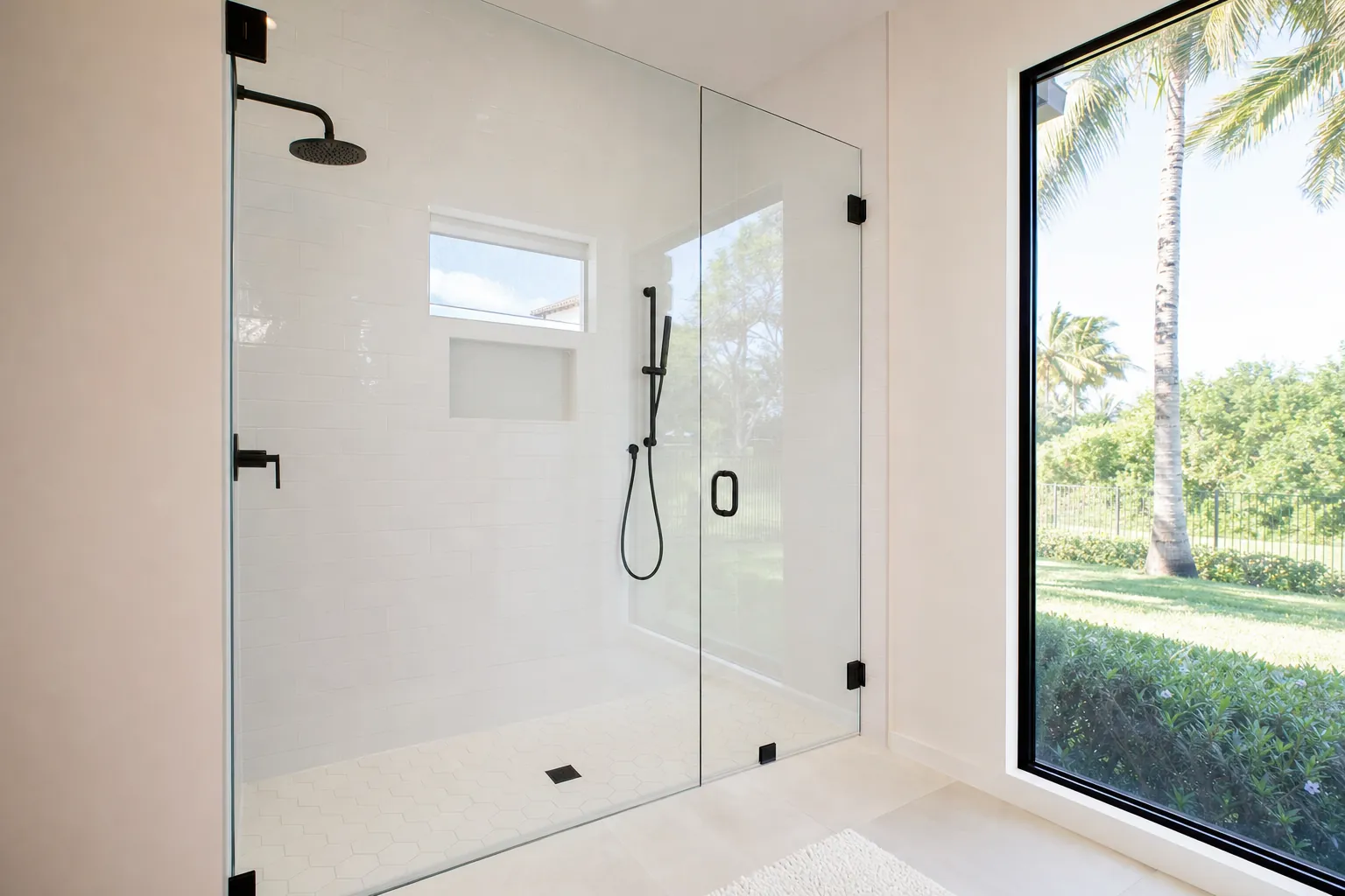 Frameless shower enclosure with matte black hardware.
