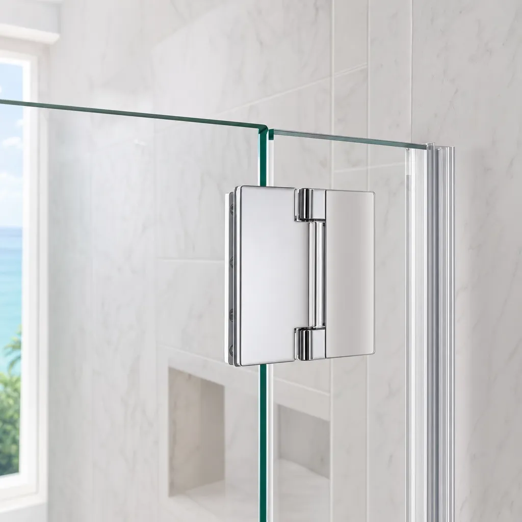 Close-up of frameless glass shower hardware.
