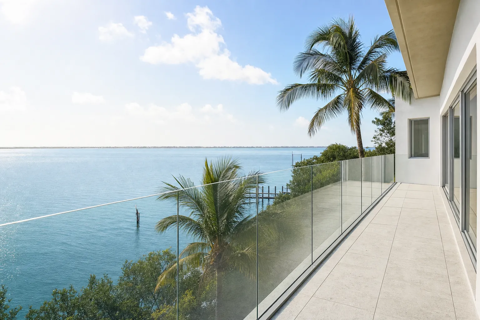 Frameless glass railing on a coastal balcony.