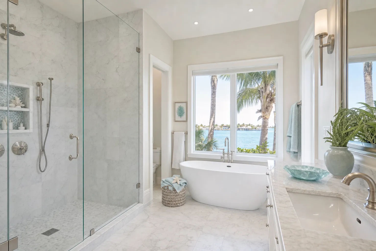 Bright bathroom with frameless glass shower.