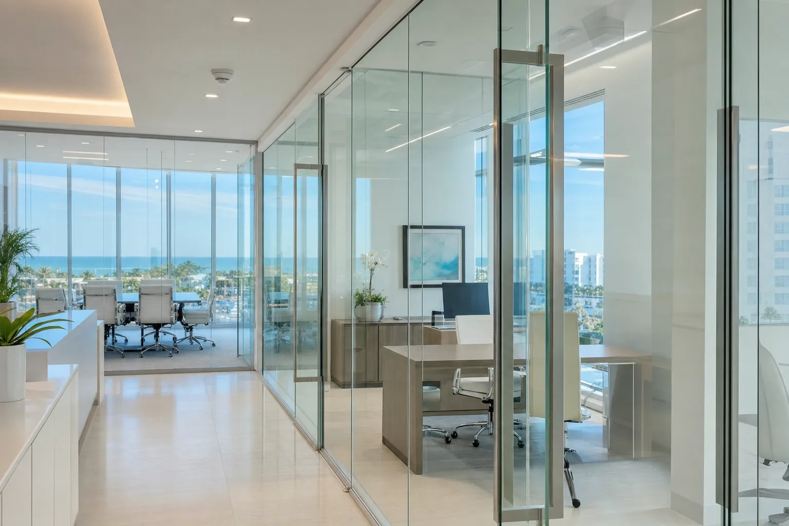 Office interior with clear glass partitions.