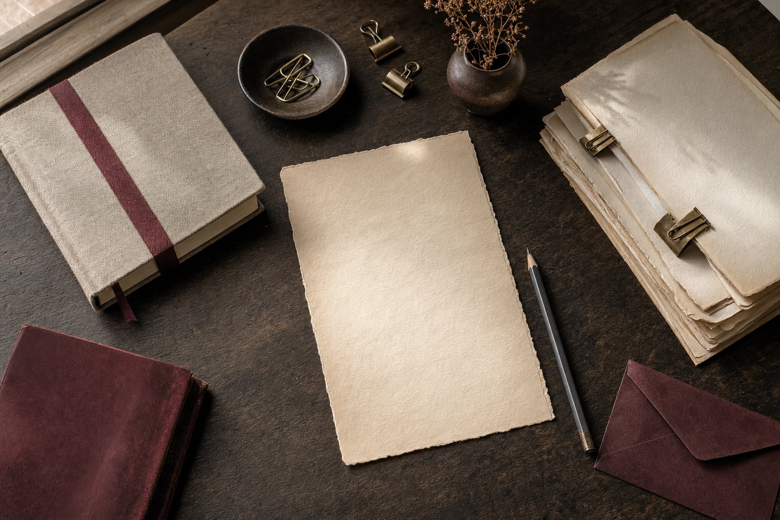 Notebook, clipped papers, and a pencil arranged on a dark writing desk.