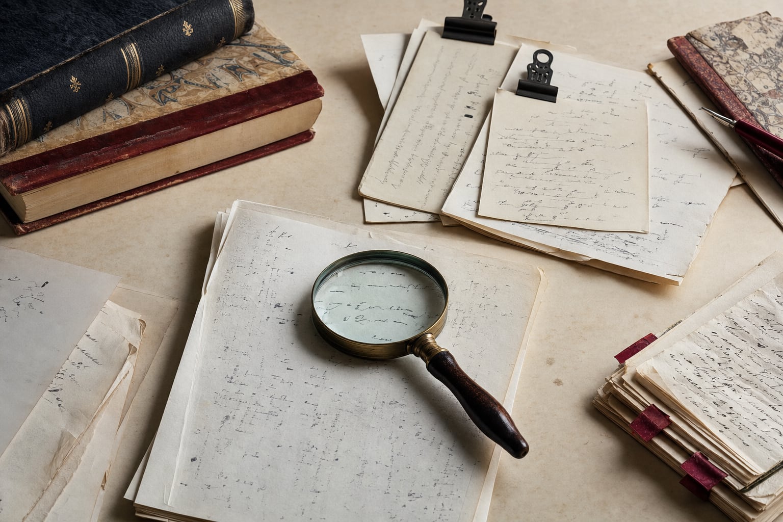 Source papers, old books, and a magnifying glass on a parchment surface.