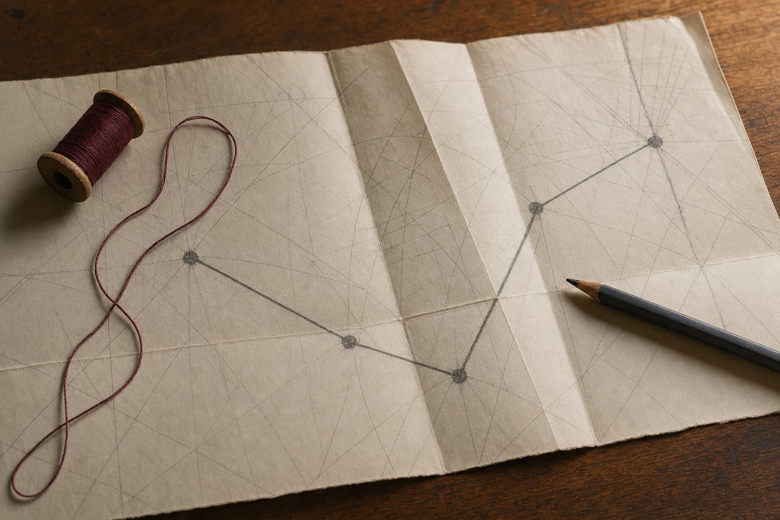 A pencil-drawn map of connected ideas with oxblood thread.