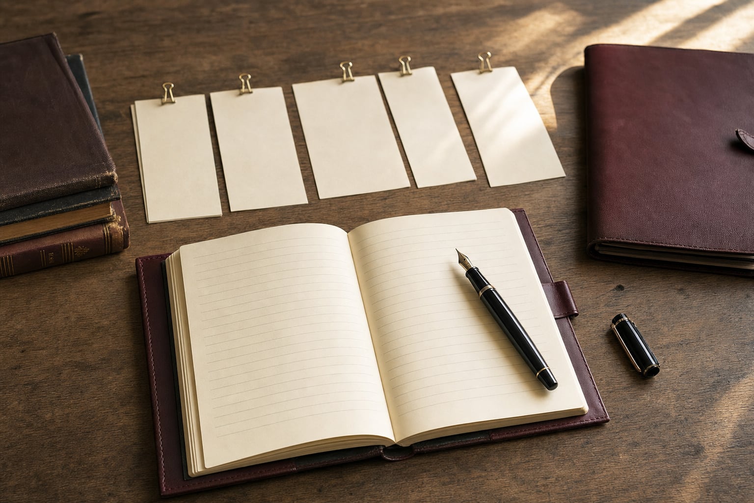 An open notebook, pen, and blank planning cards arranged on a wooden desk.
