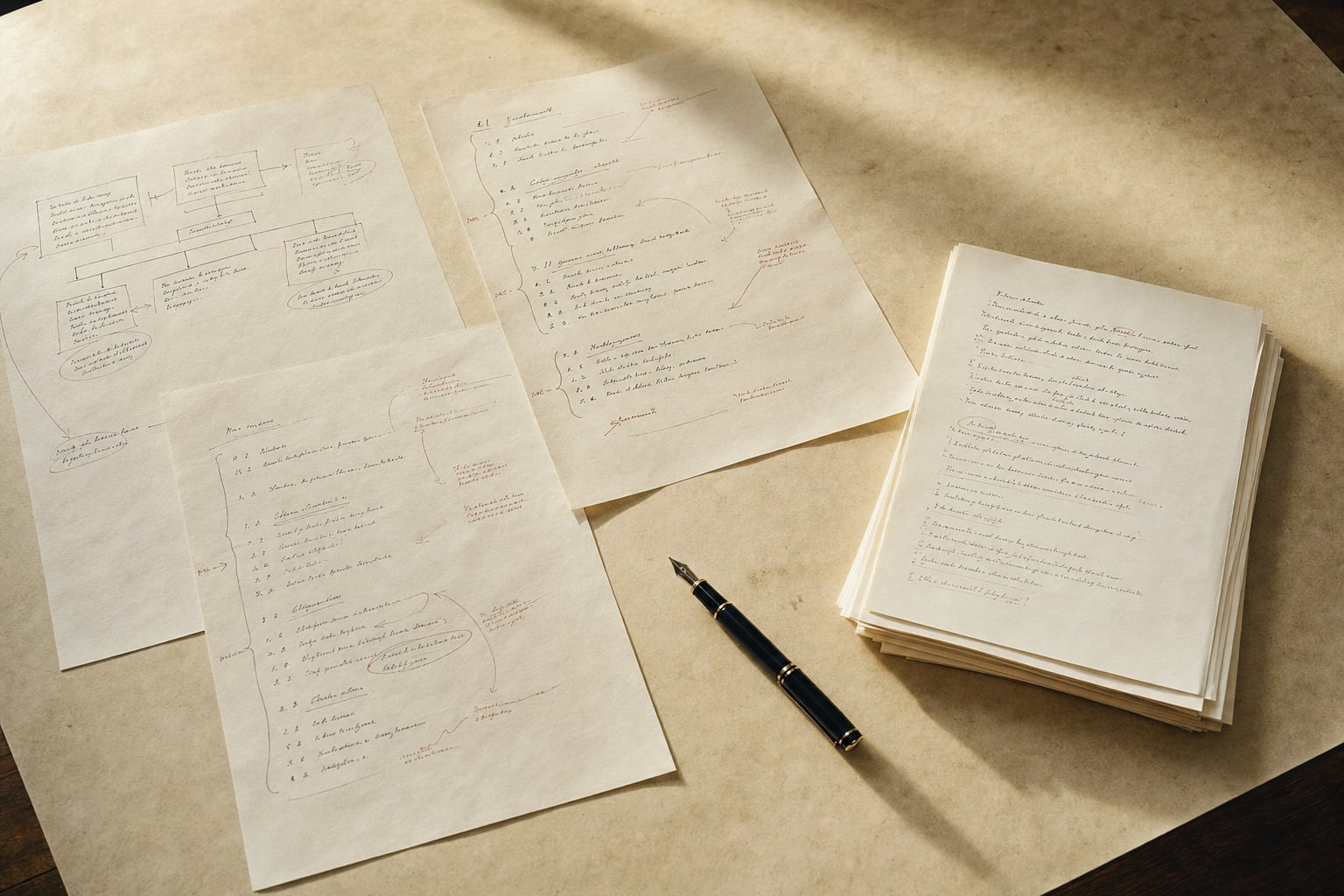 Marked manuscript pages and a fountain pen arranged as a working outline.