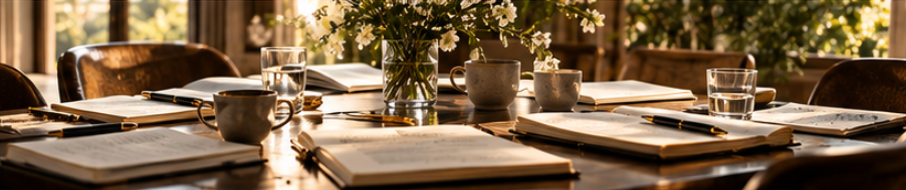 A table prepared for a considered conversation and writing session
