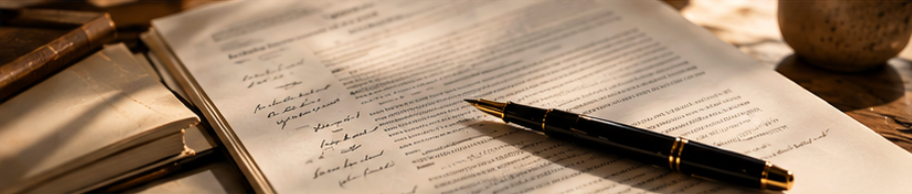 A fountain pen resting on a marked manuscript