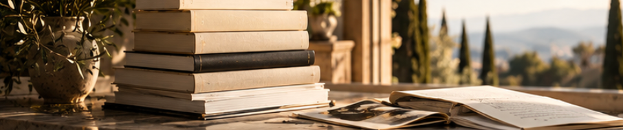 Books and an open manuscript in a sunlit writing room