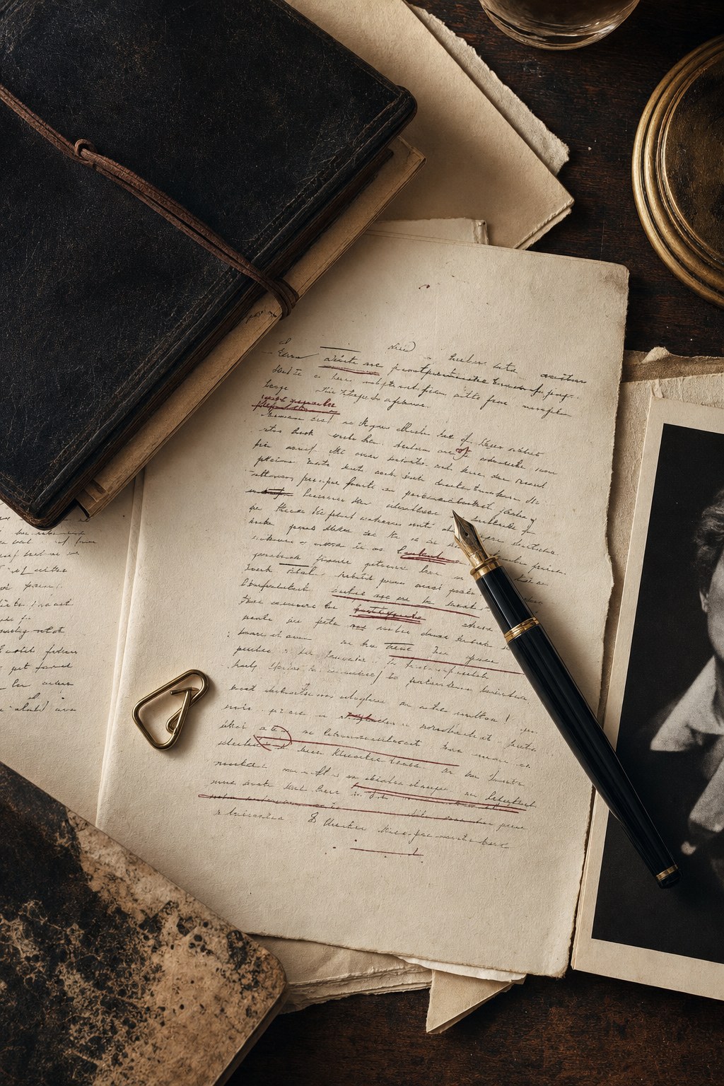Marked manuscript pages, a fountain pen, leather notebook, and archival portrait