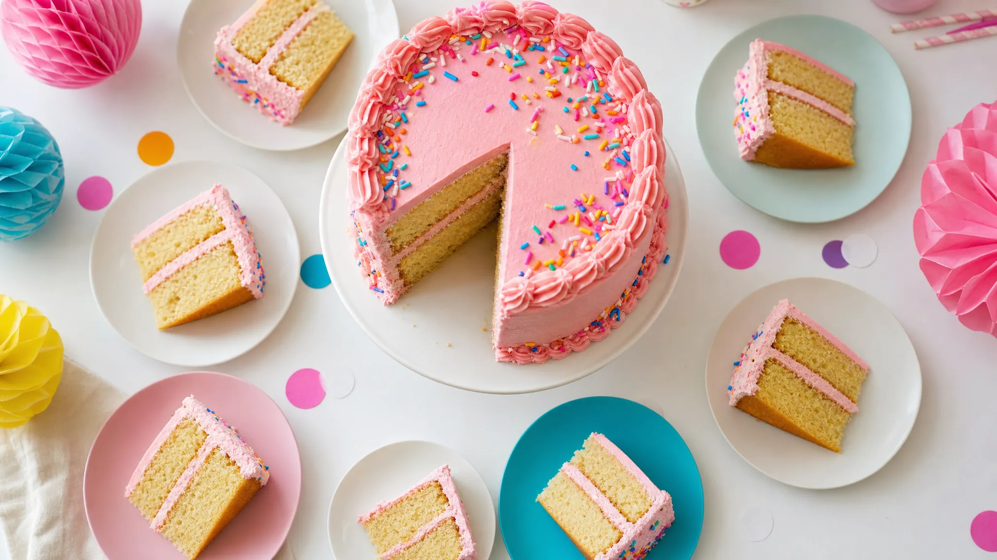 Pink frosted celebration cake with sliced portions on a colorful party table
