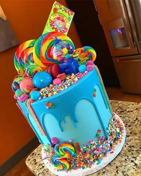 Bright custom candy cake with colourful sweets