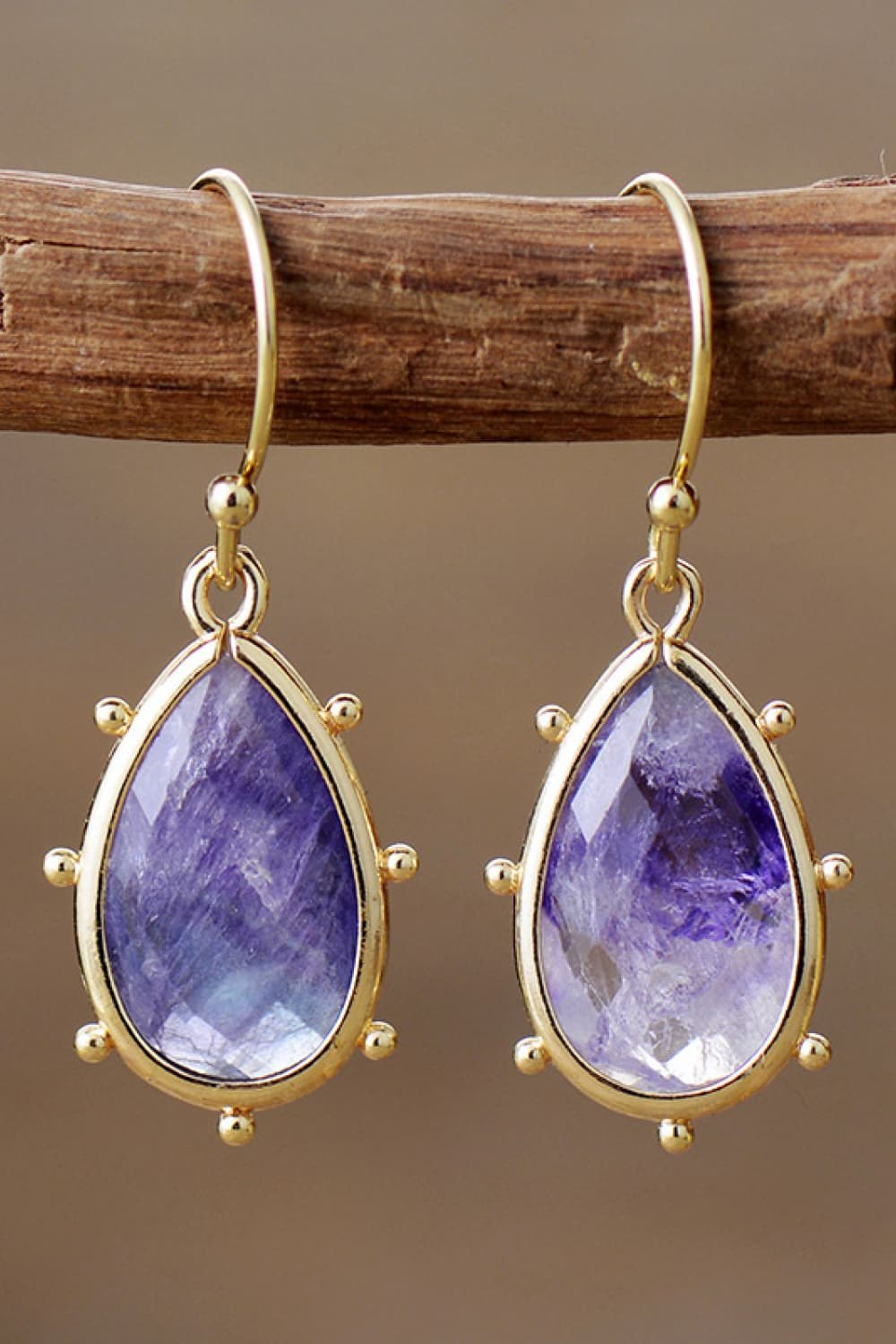 Lavender and green natural stone teardrop earrings