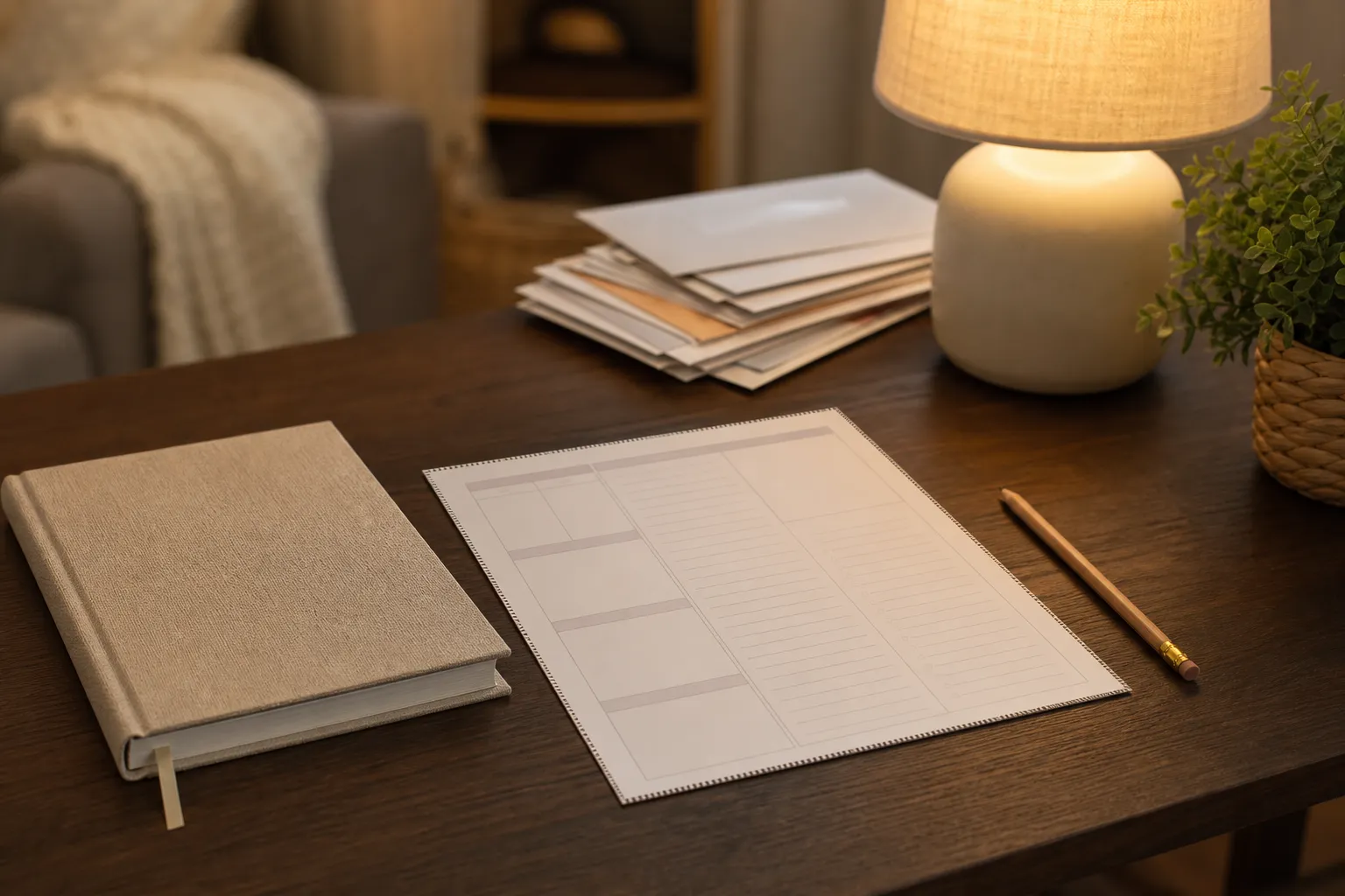 Daily planner page, notebook, and pencil on a desk in warm evening light