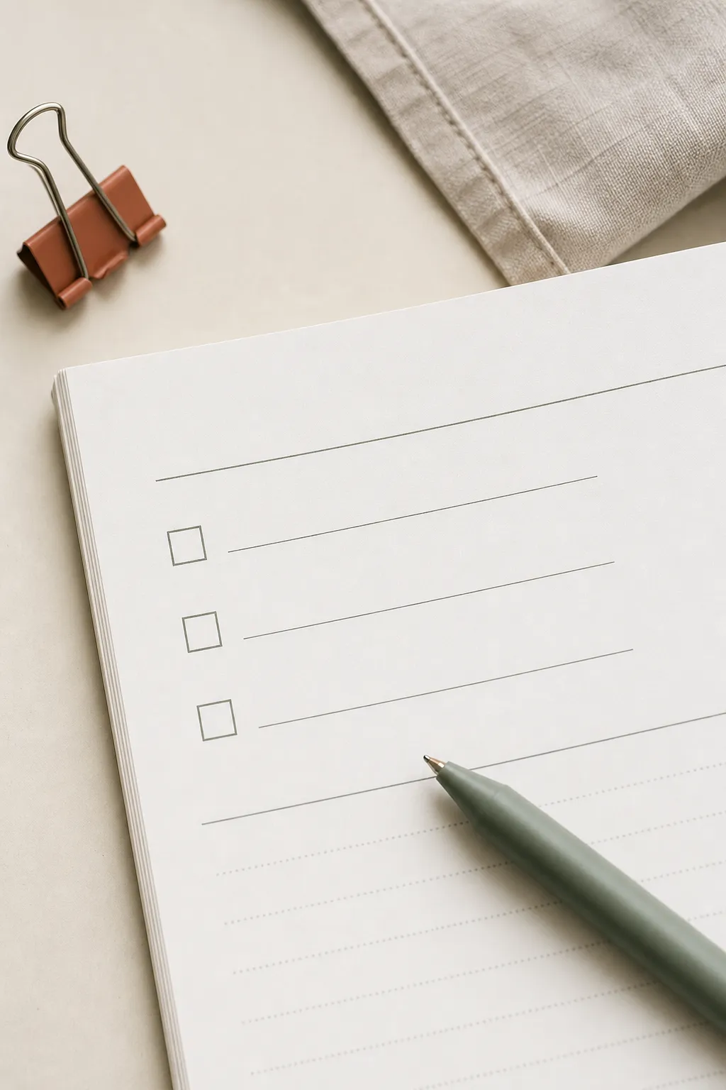 Blank planner page with three checkboxes, a green pen, and a terracotta binder clip