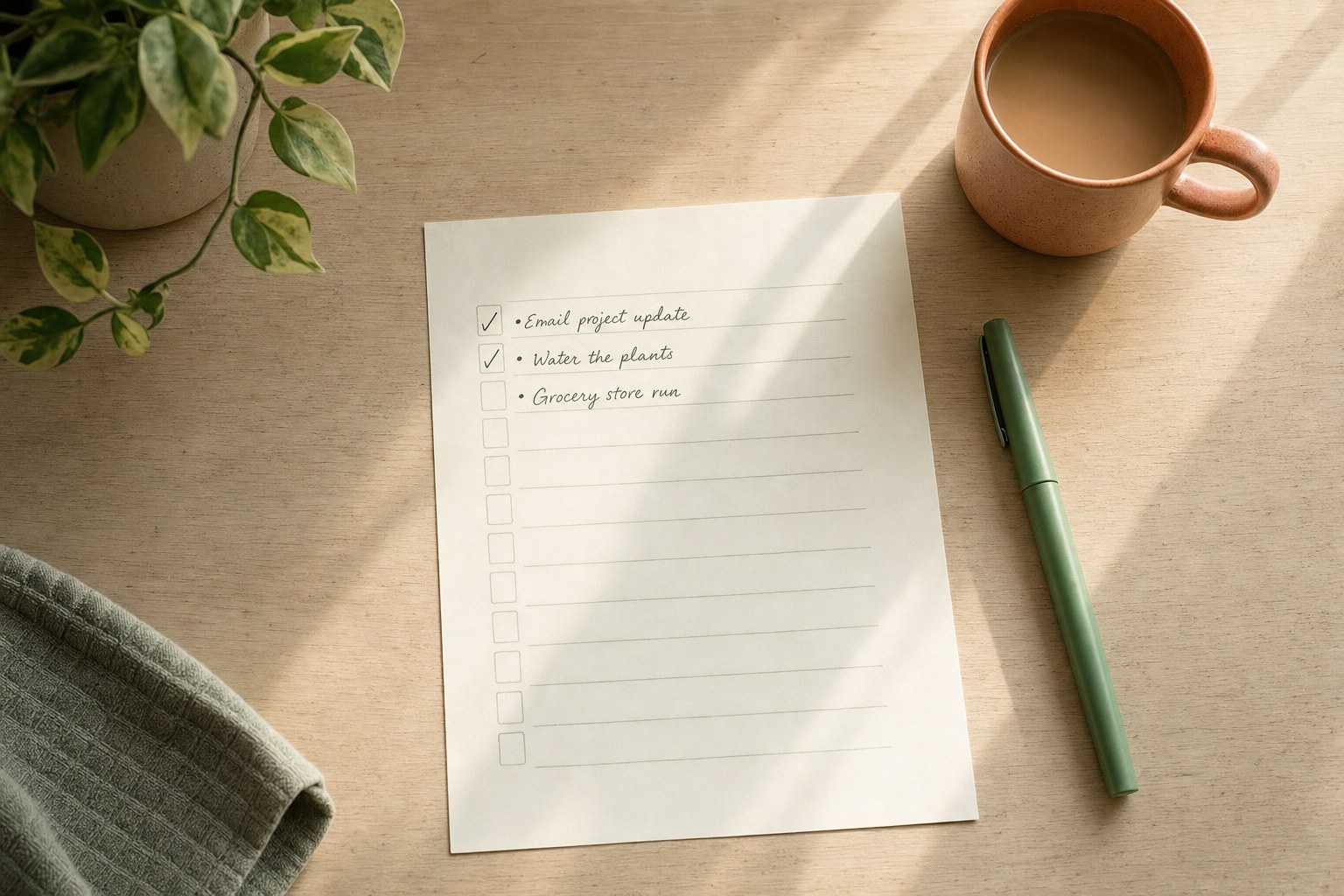Paper to-do list with a green pen and warm mug on a wooden table