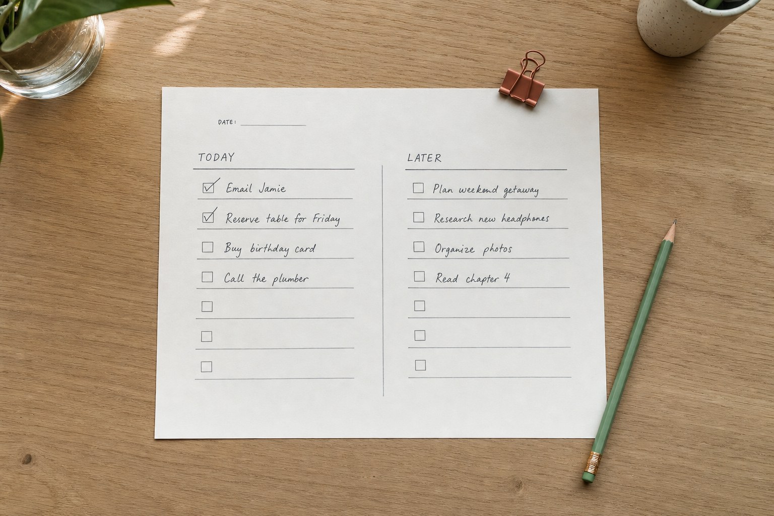 Paper task list divided into Today and Later sections