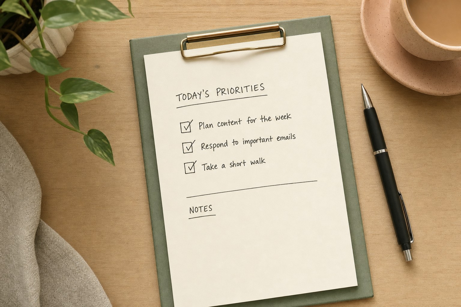 Three checked priorities on a paper planning page