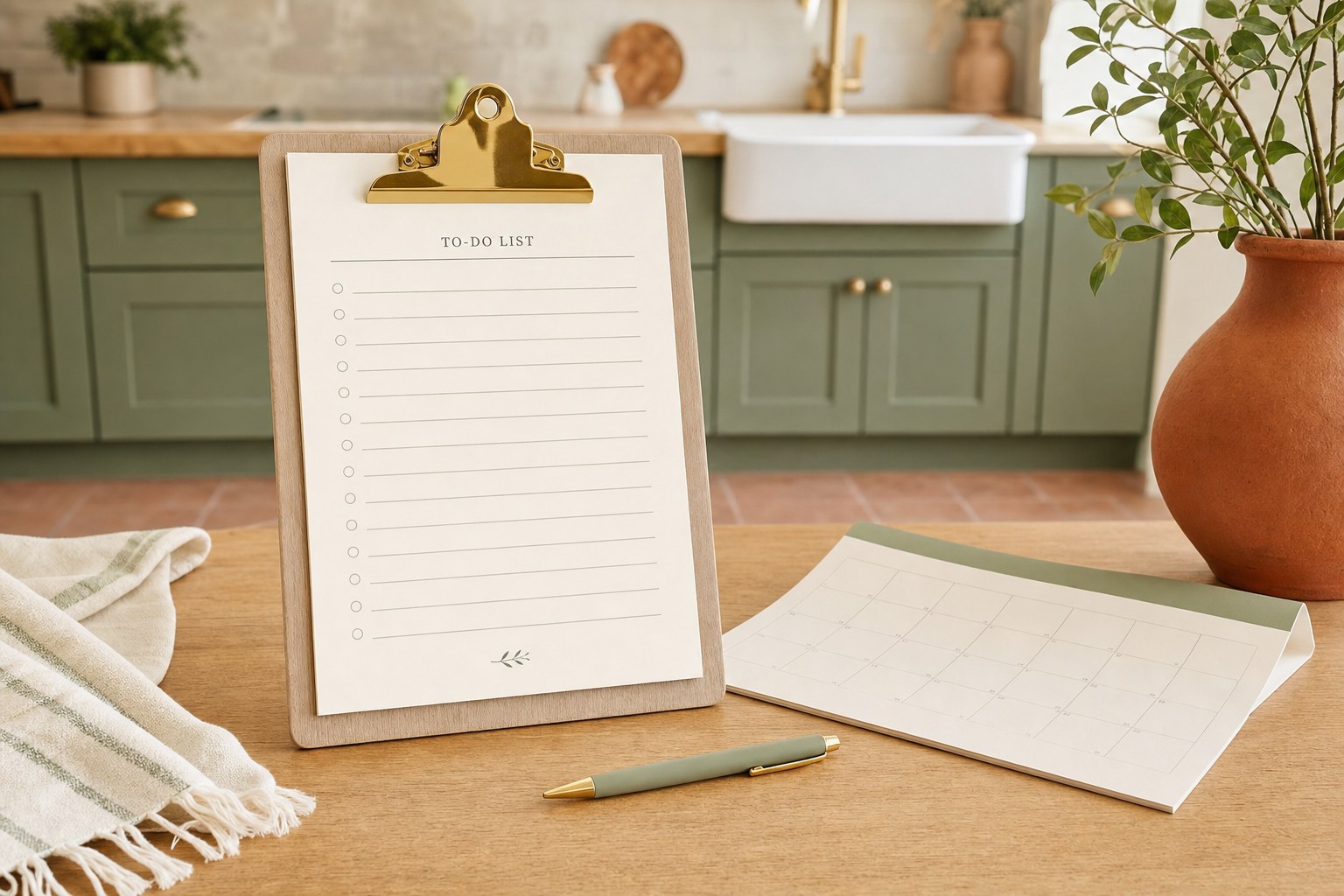 Fresh paper to-do list on a clipboard in a bright kitchen