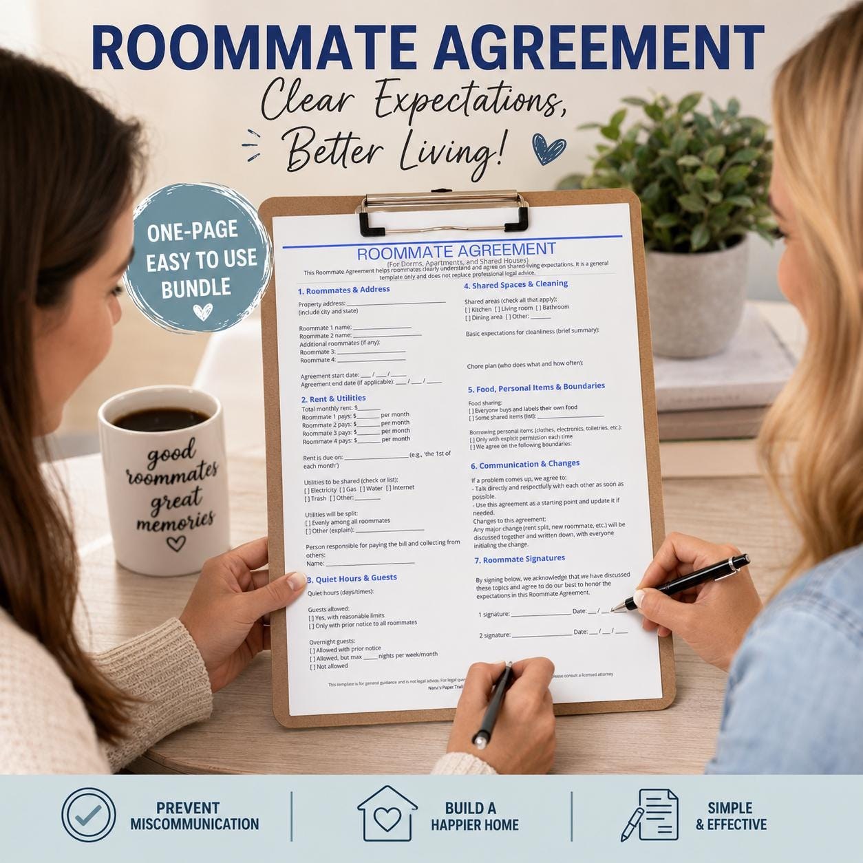 Roommate Agreement Housemate Contract | College & Room Rental Agreement | Editable PDF Canva