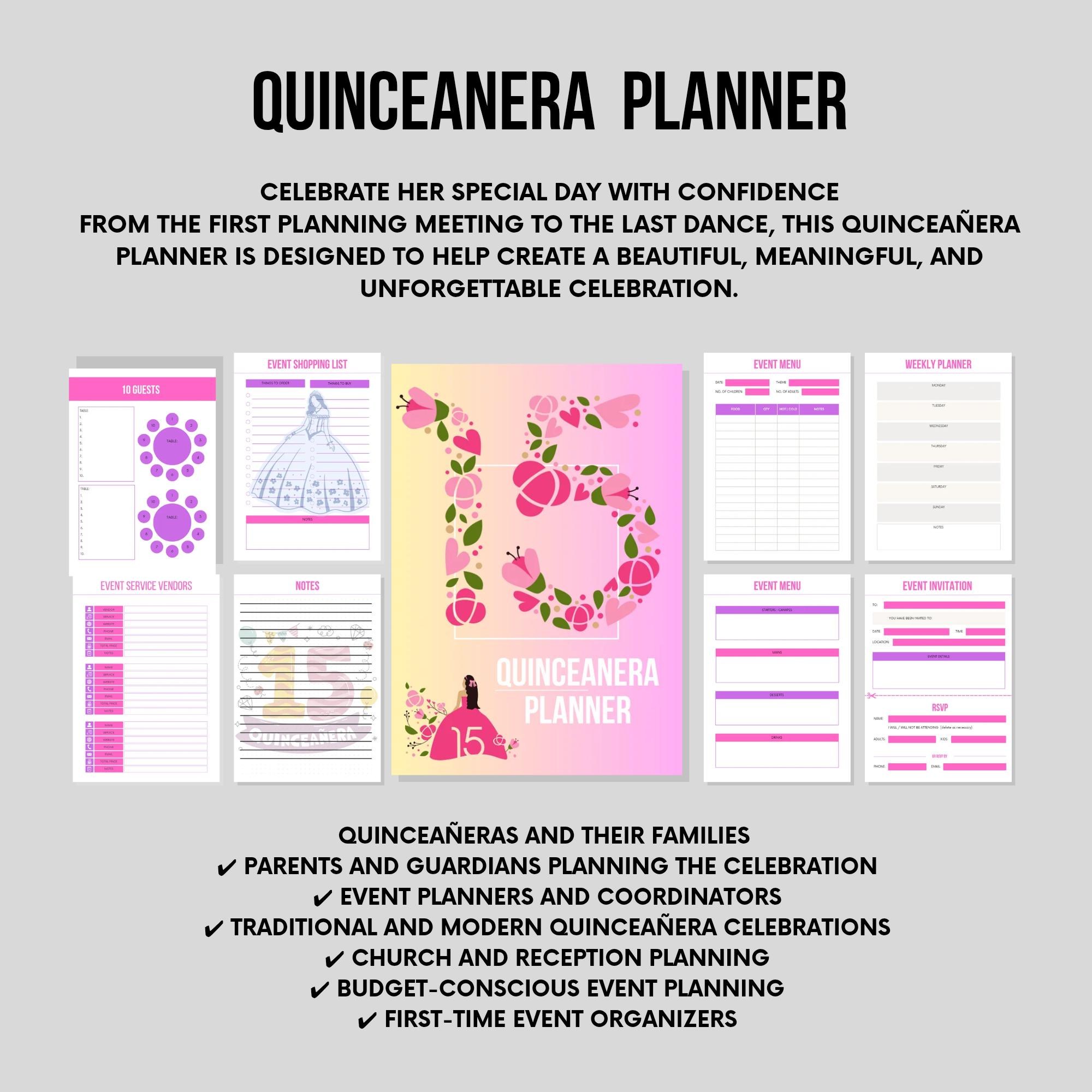 Quinceanera Planner Printable, Sweet 15 Party Organizer, Quince Checklist & Budget Tracker, Editable PDF, Digital Download