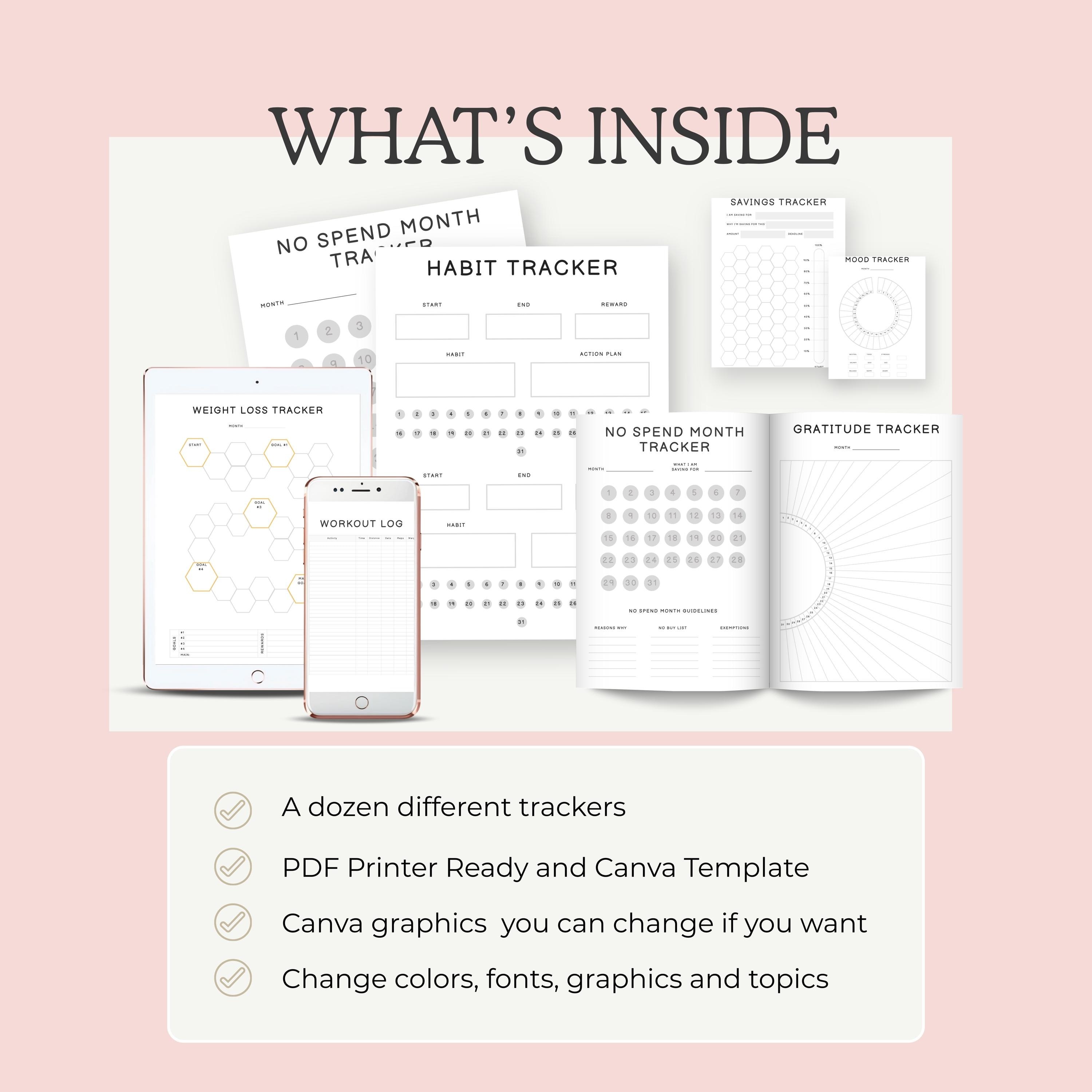 30-Day Habit Tracker Bundle, Routine Goal Planner (Canva PDF Download)