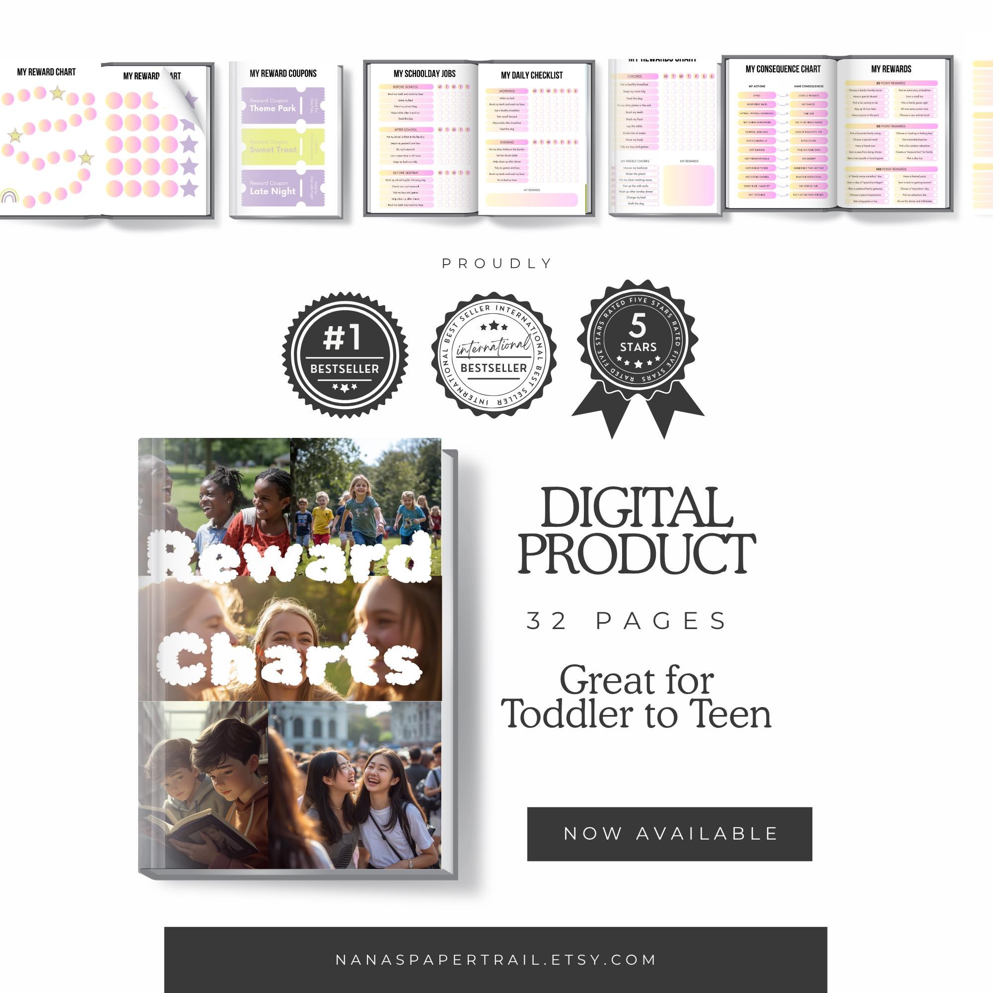 Kids Reward Chart Printable Bundle, Chore Chart for Kids, Routine Checklist, Allowance Tracker, Screen Time and Responsibility Charts