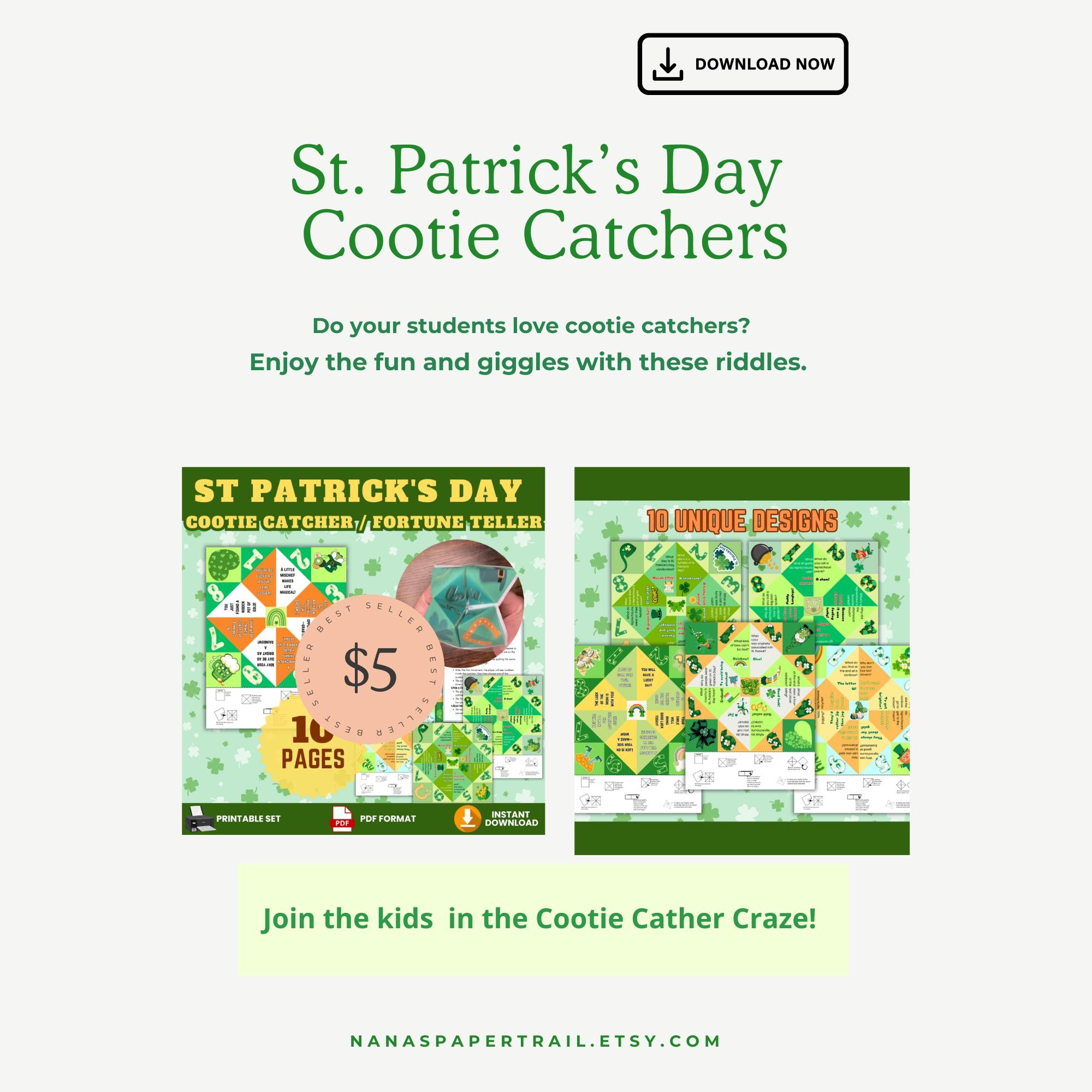 St Patricks Day Cootie Catchers Printable, Kids Riddle Fortune Tellers, Classroom Party Activity, March Printable PDF Download