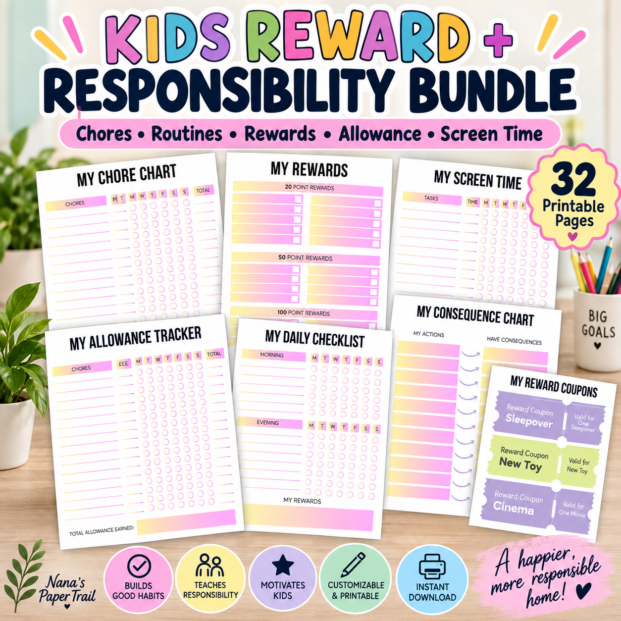 Nana's Paper Trail kids reward chart printable bundle