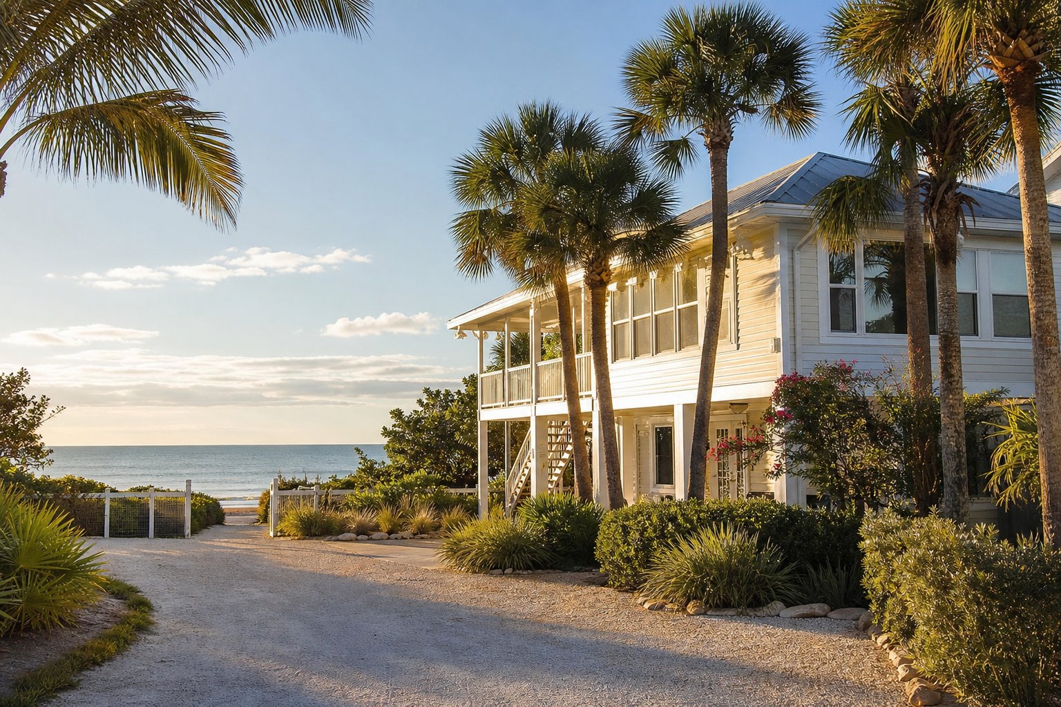 Illustrative elevated Florida coastal home near a Gulf beach