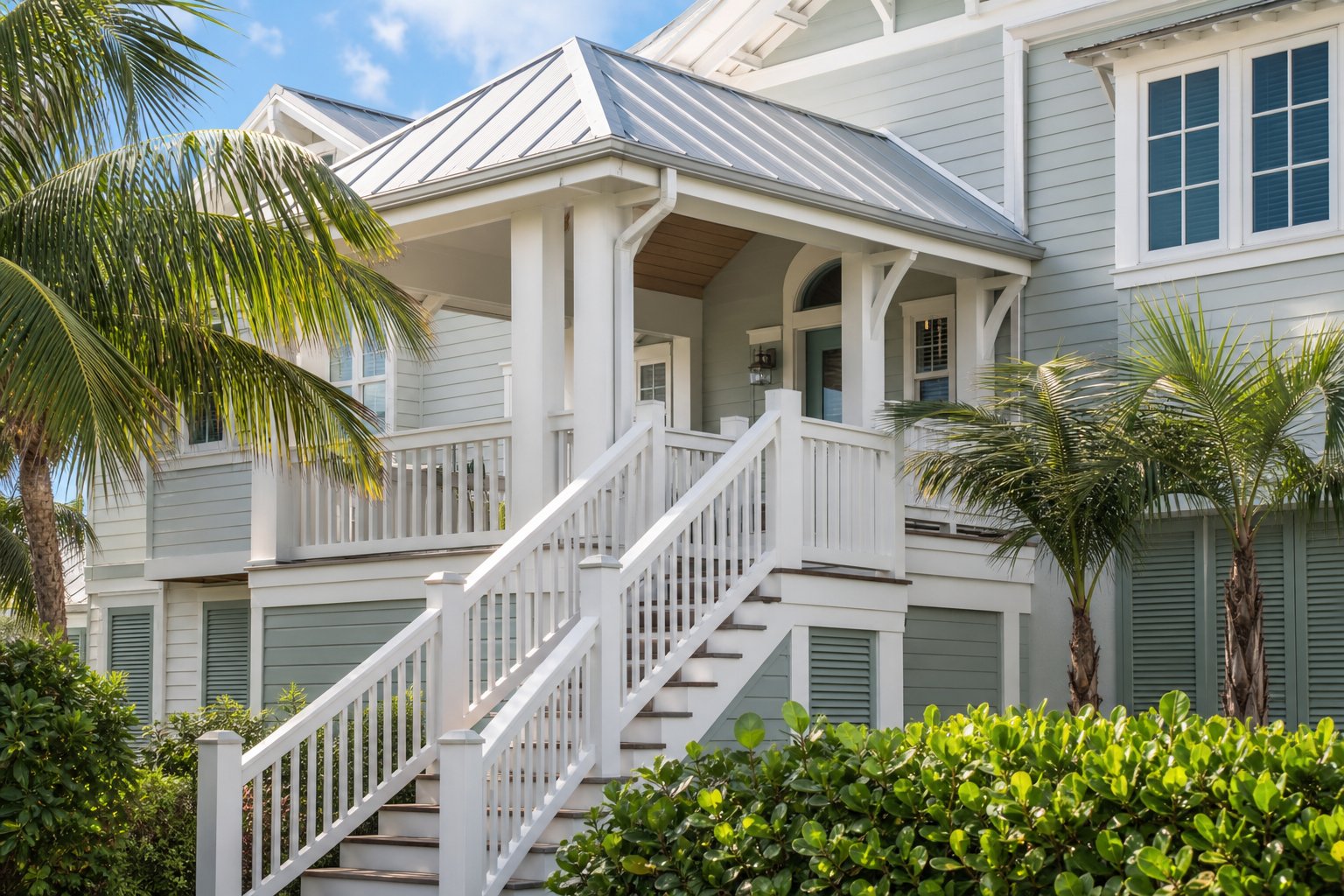 Illustrative elevated Florida coastal home showing exterior stairs and metal roof