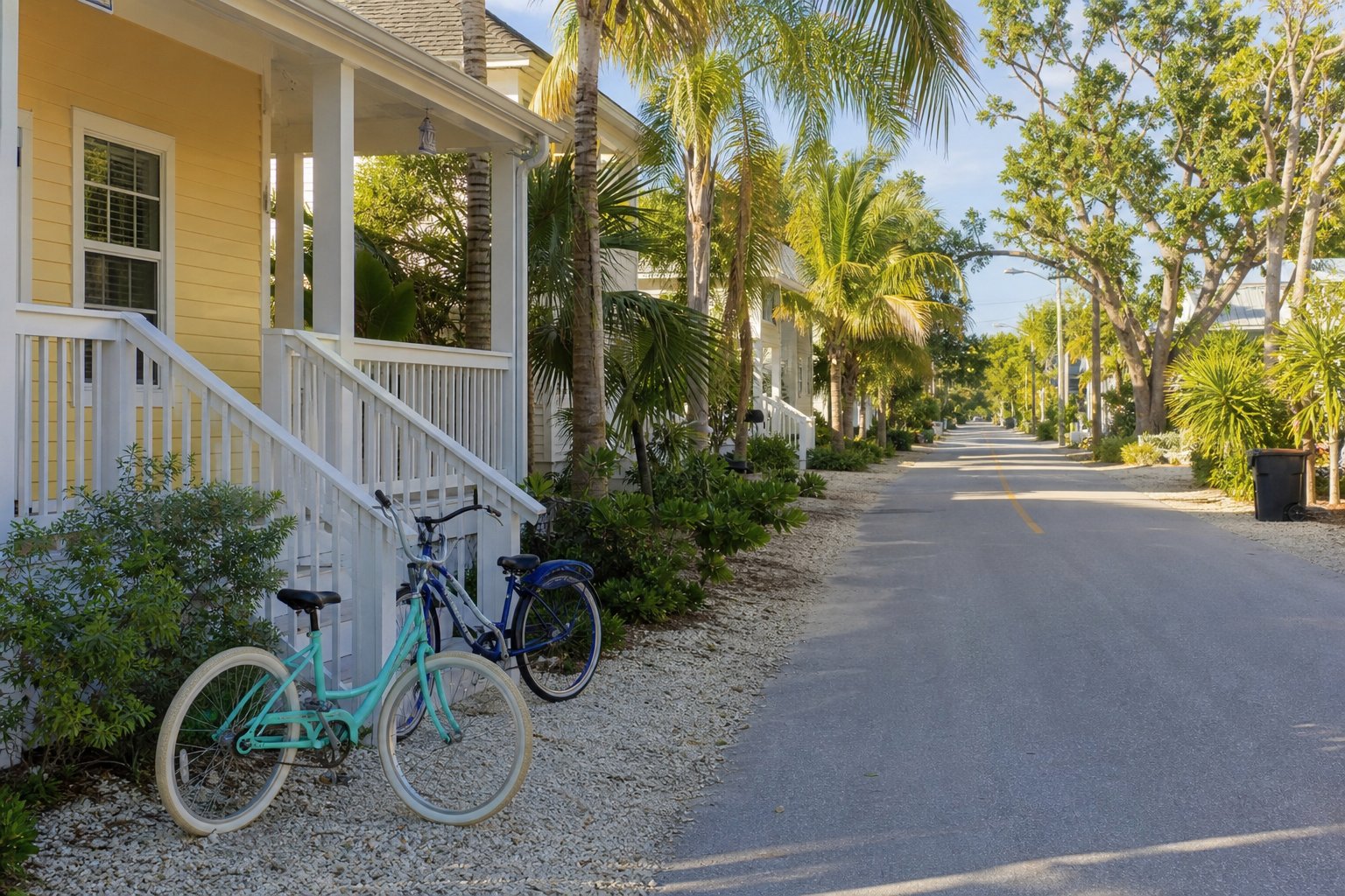 Illustrative palm-lined Florida coastal street with bicycles near a home