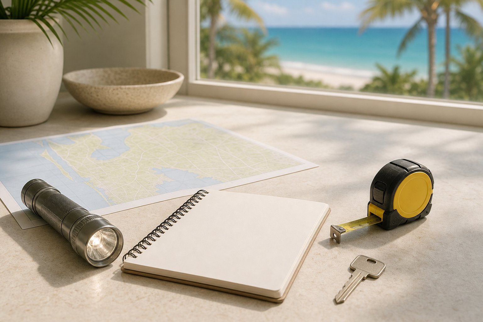 Illustrative homebuyer review tools on a table overlooking the coast